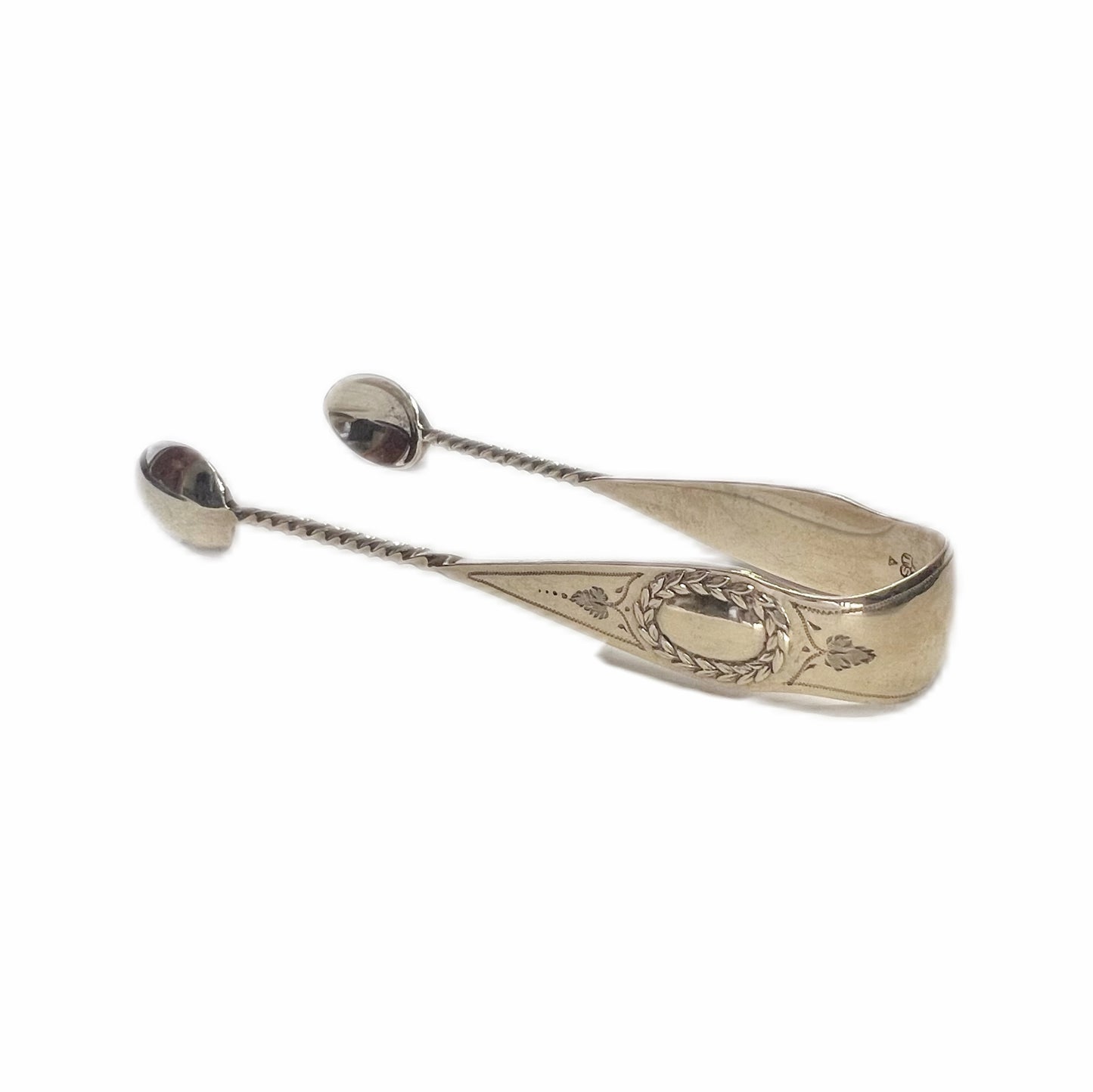 6 antique sterling silver Aldwinckle & Slater teaspoons and a matching pair of sugar tongs, original Hardy Bros box