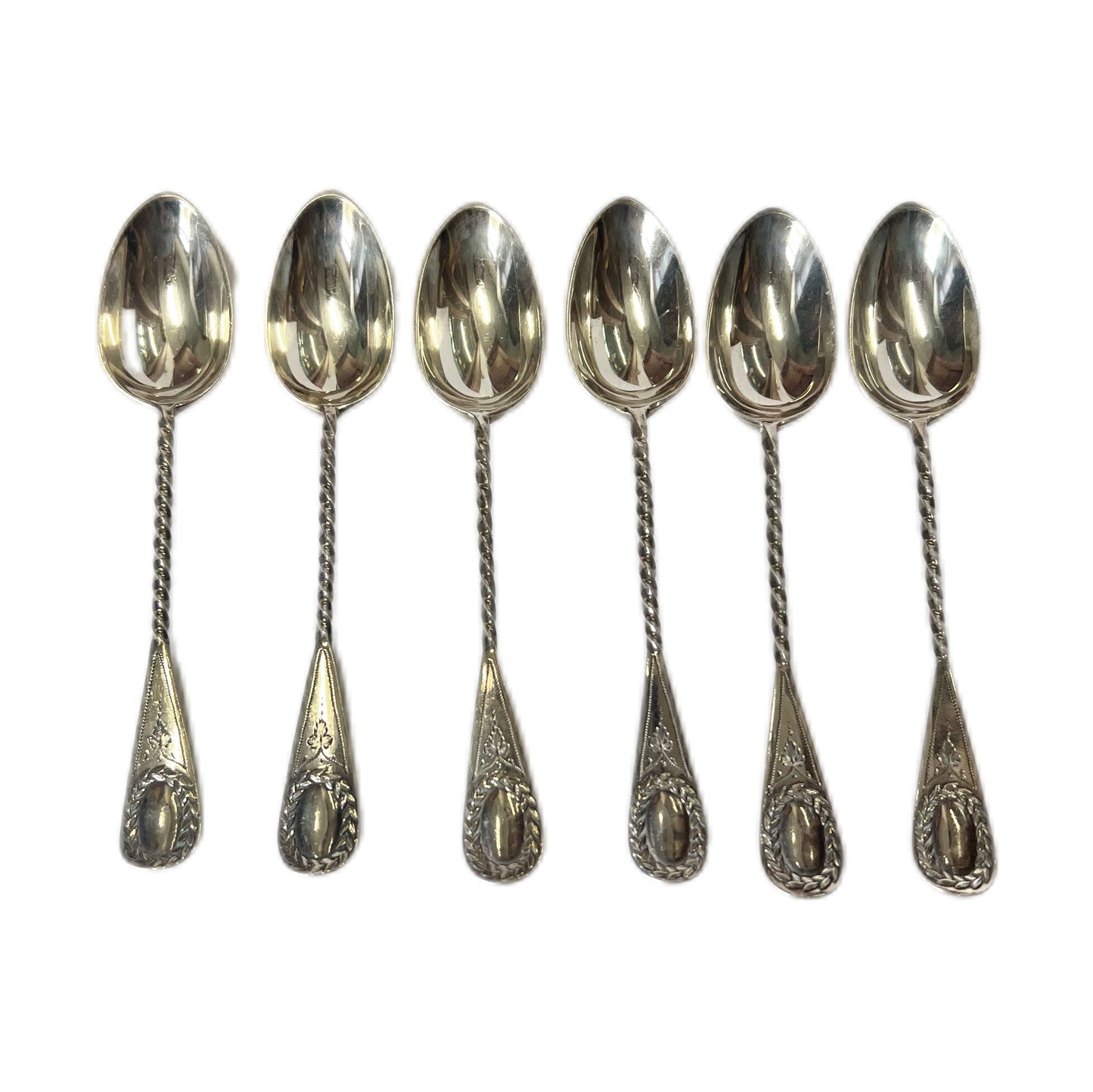 6 antique sterling silver Aldwinckle & Slater teaspoons and a matching pair of sugar tongs, original Hardy Bros box