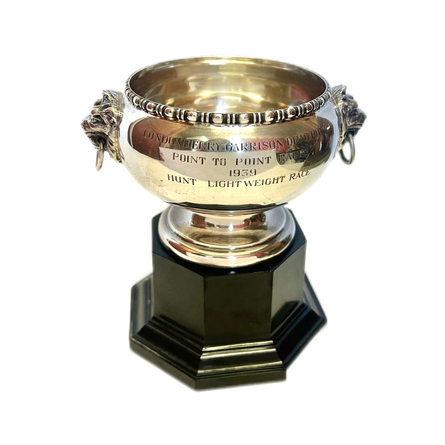 Vintage George VI sterling silver hunting trophy, Londonderry Garrison Drag Hunt of 1939