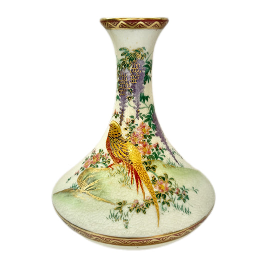 Vintage Japanese Satsuma vase handpainted with pheasant and wisteria motifs by Soko China of Kobe