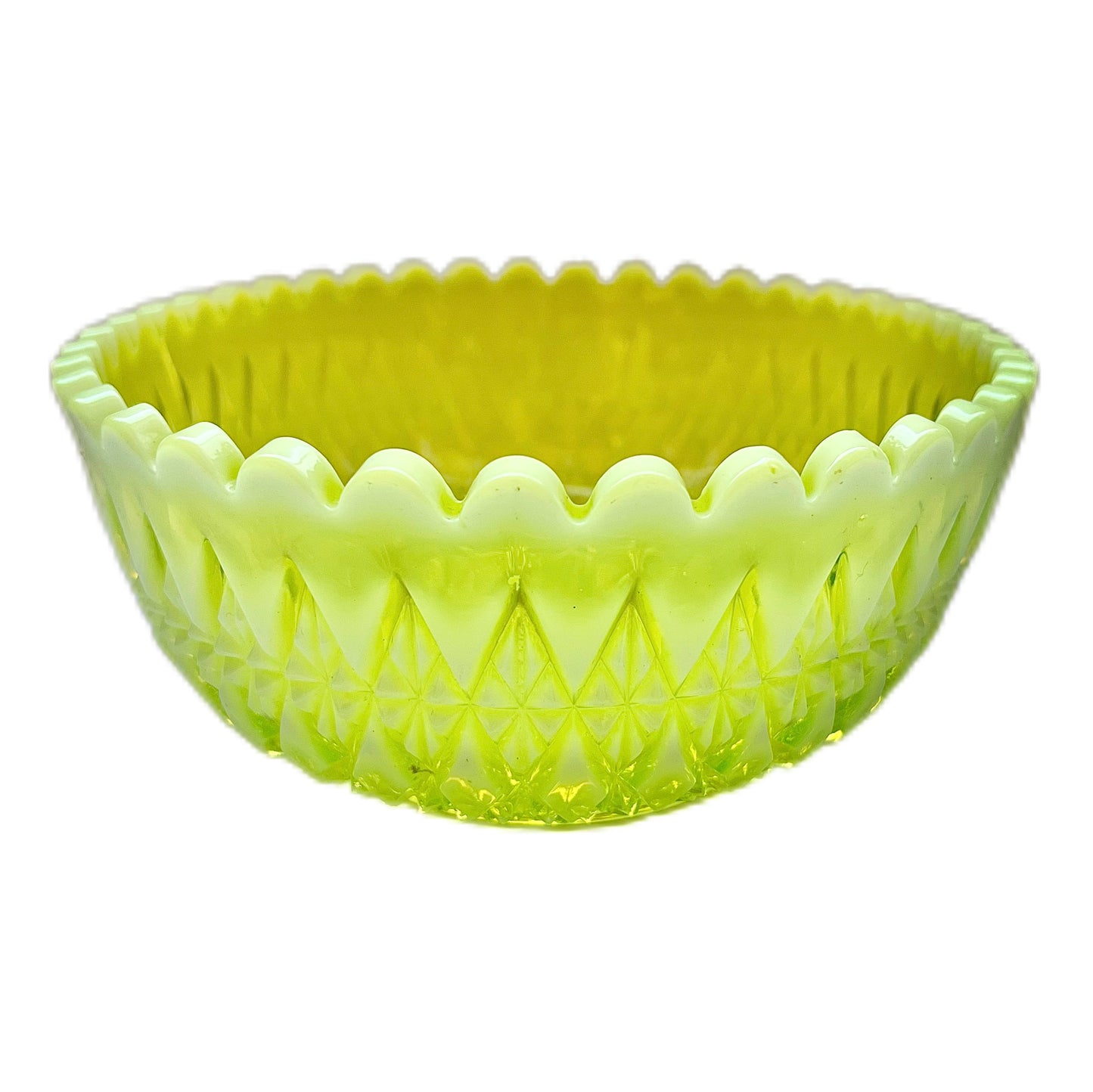 Late Victorian uranium yellow vaseline glass bowl of large size, circa 1890s to 1900s