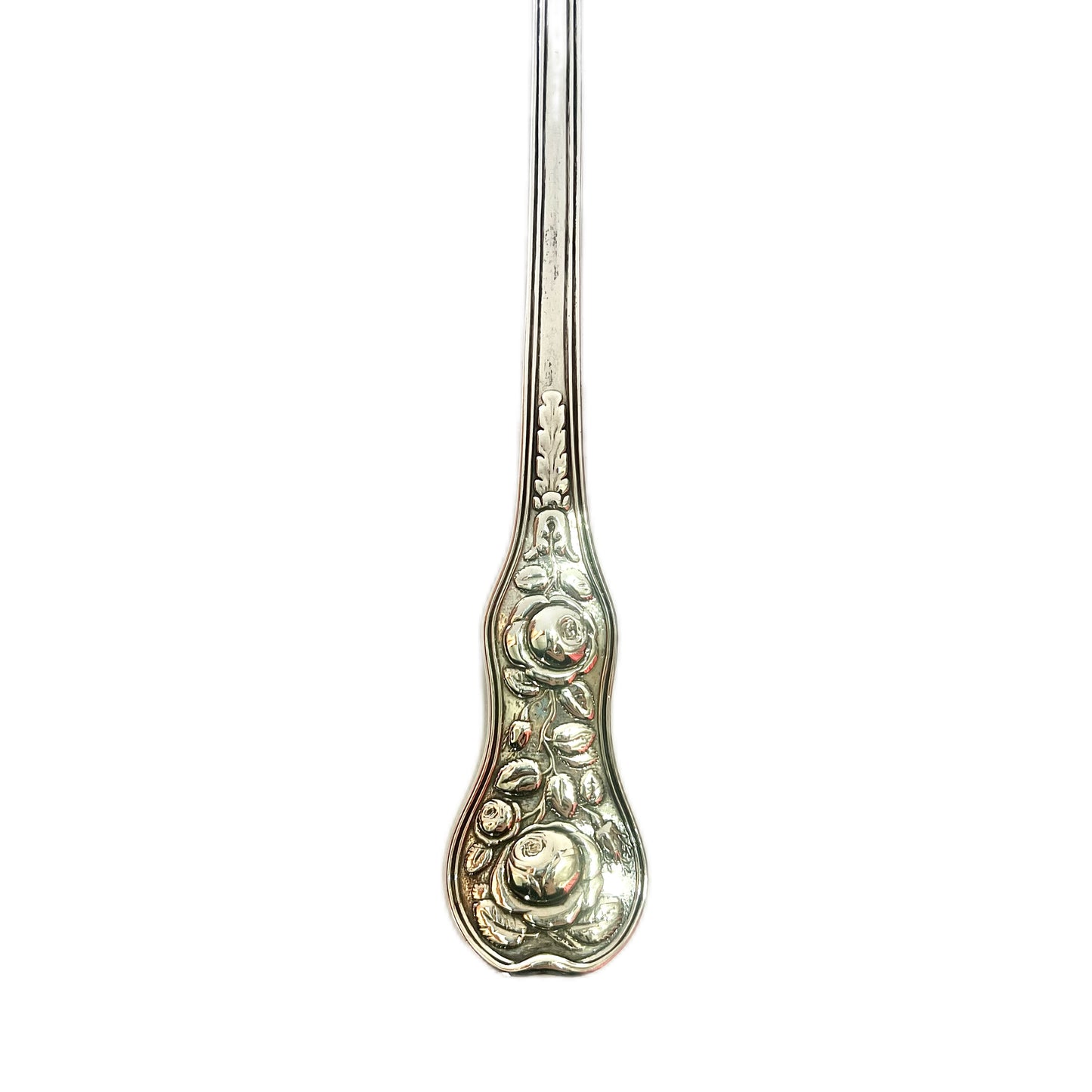 Antique George III sterling silver crested Rose Pattern ladle