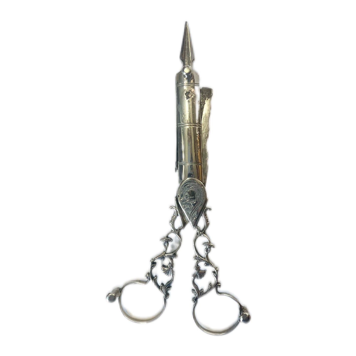 Antique George II crested sterling silver wick trimmers, London, 1759.
