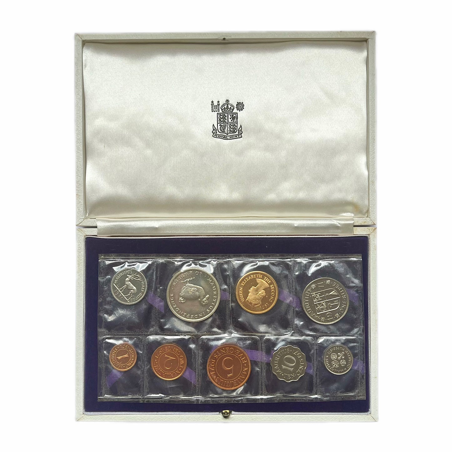 Rare Mauritius 1971 9 Piece Independence Proof coin set in original white leather case