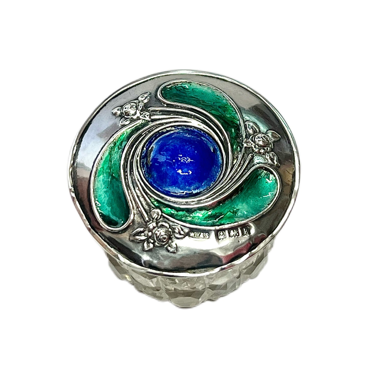 Edward VII sterling silver and cut glass British Art Nouveau rouge or pill box