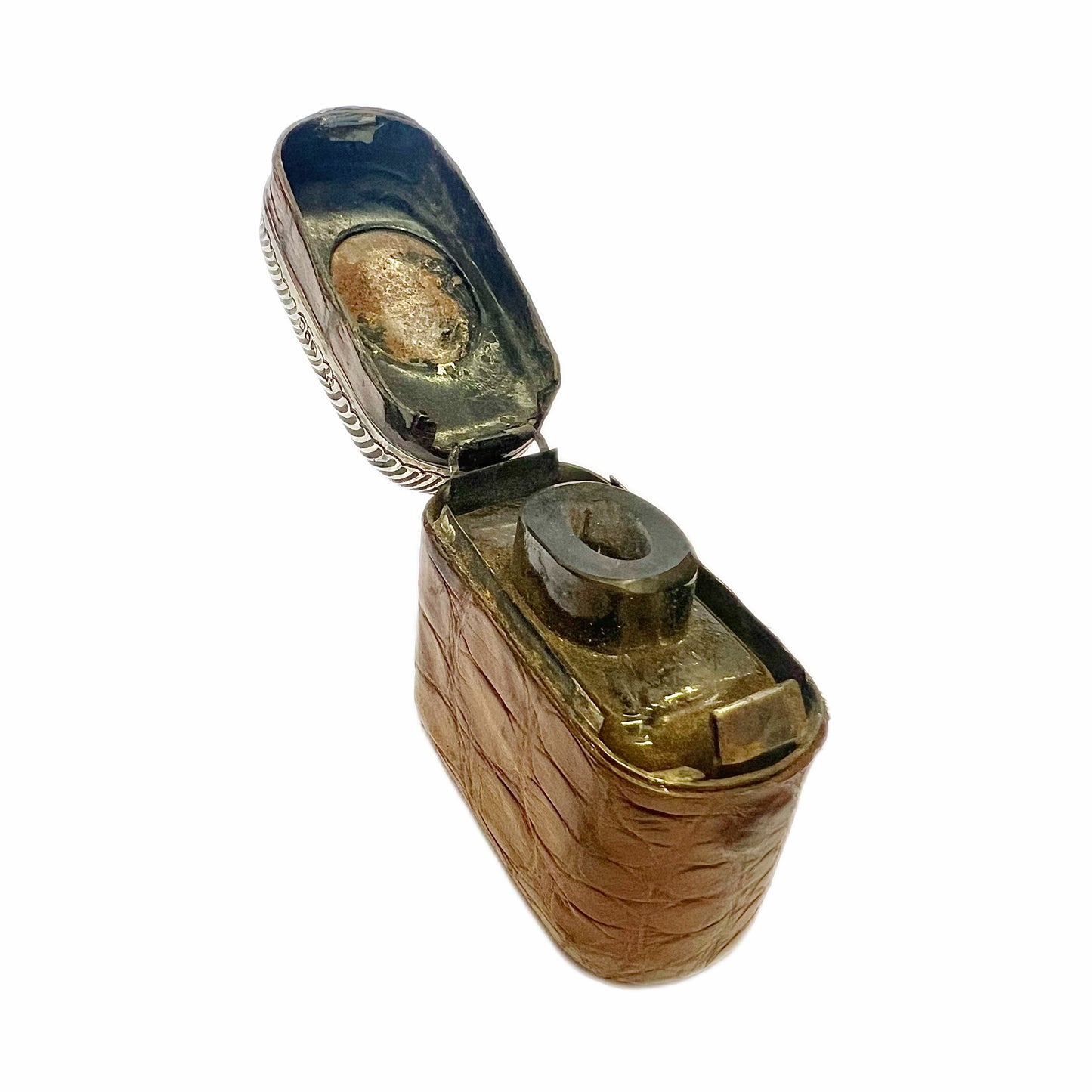 Antique leather-cased travelling inkwell with sterling silver top