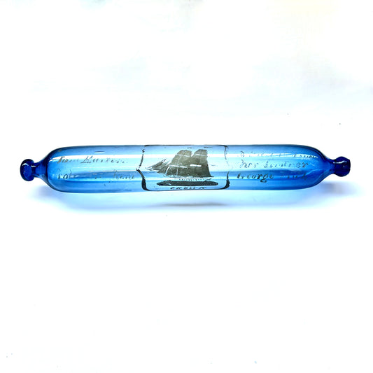 Mid-19th century Bristol glass rolling pin with gilt inscription and sailing ship motif