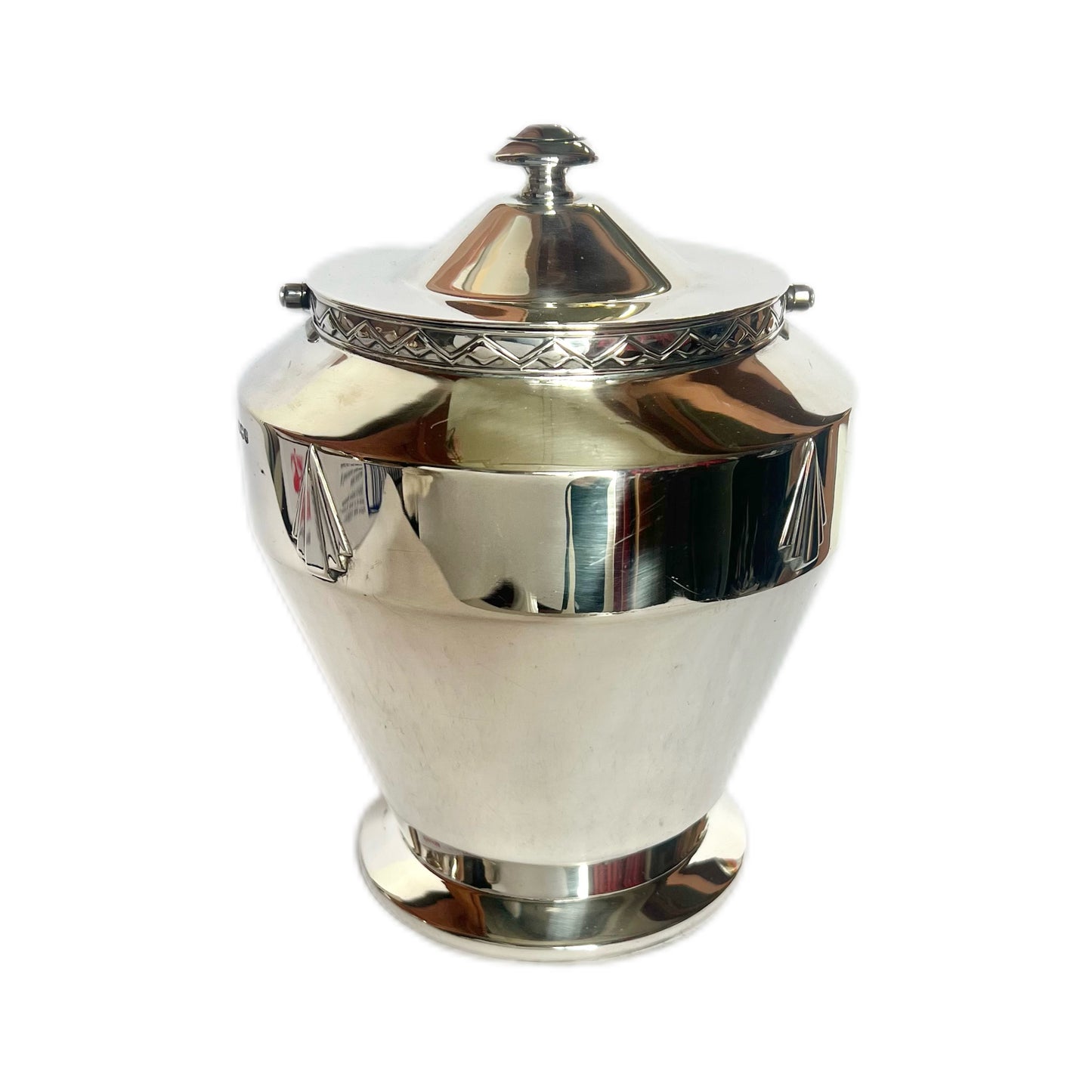 George V English Art Deco inter-war period sterling silver biscuit barrel