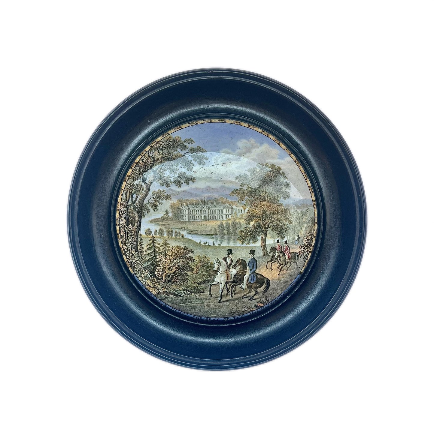 Mid to late Victorian Prattware pot lid "Strathfield Saye", ebonized frame