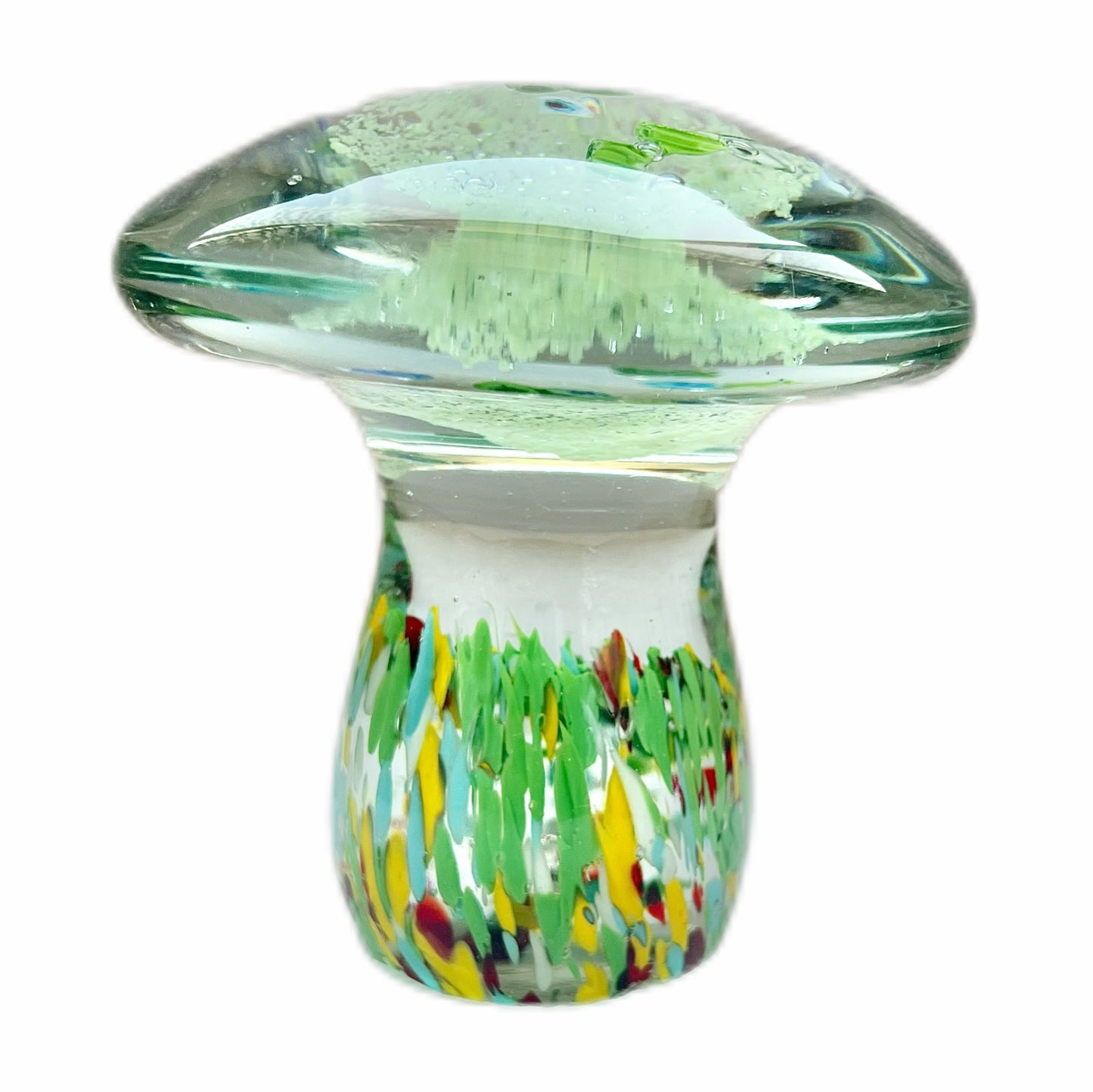 Handblown art glass mushroom figurine / paperweight with luminescent UV reactive details