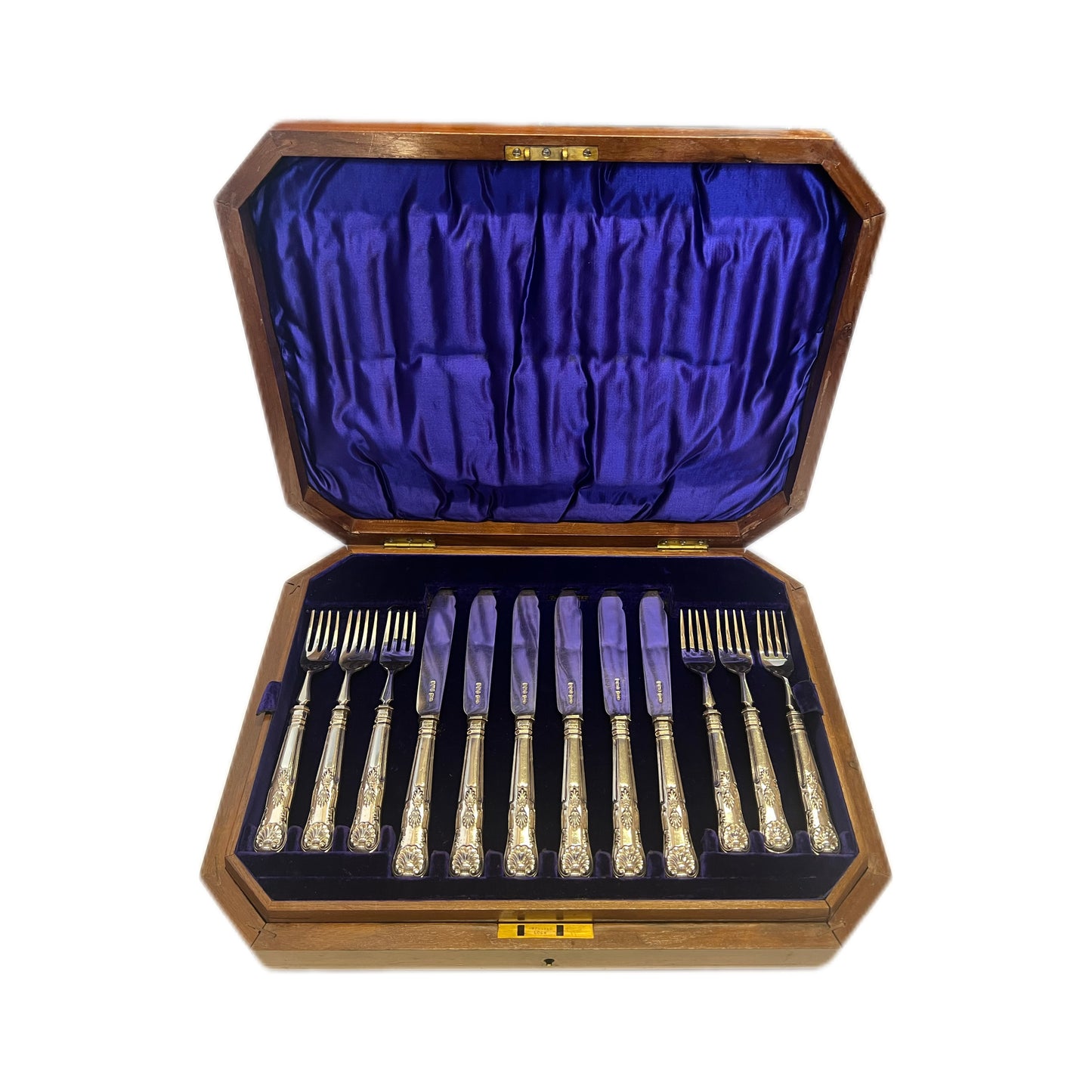 Antique Edwardian 24 piece cased set of Kings Pattern sterling silver fish servers, James Dixon & Sons