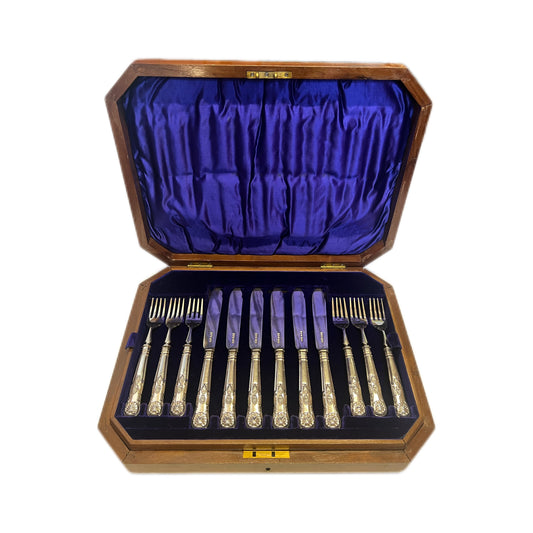 Antique Edwardian 24 piece cased set of Kings Pattern sterling silver fish servers, James Dixon & Sons