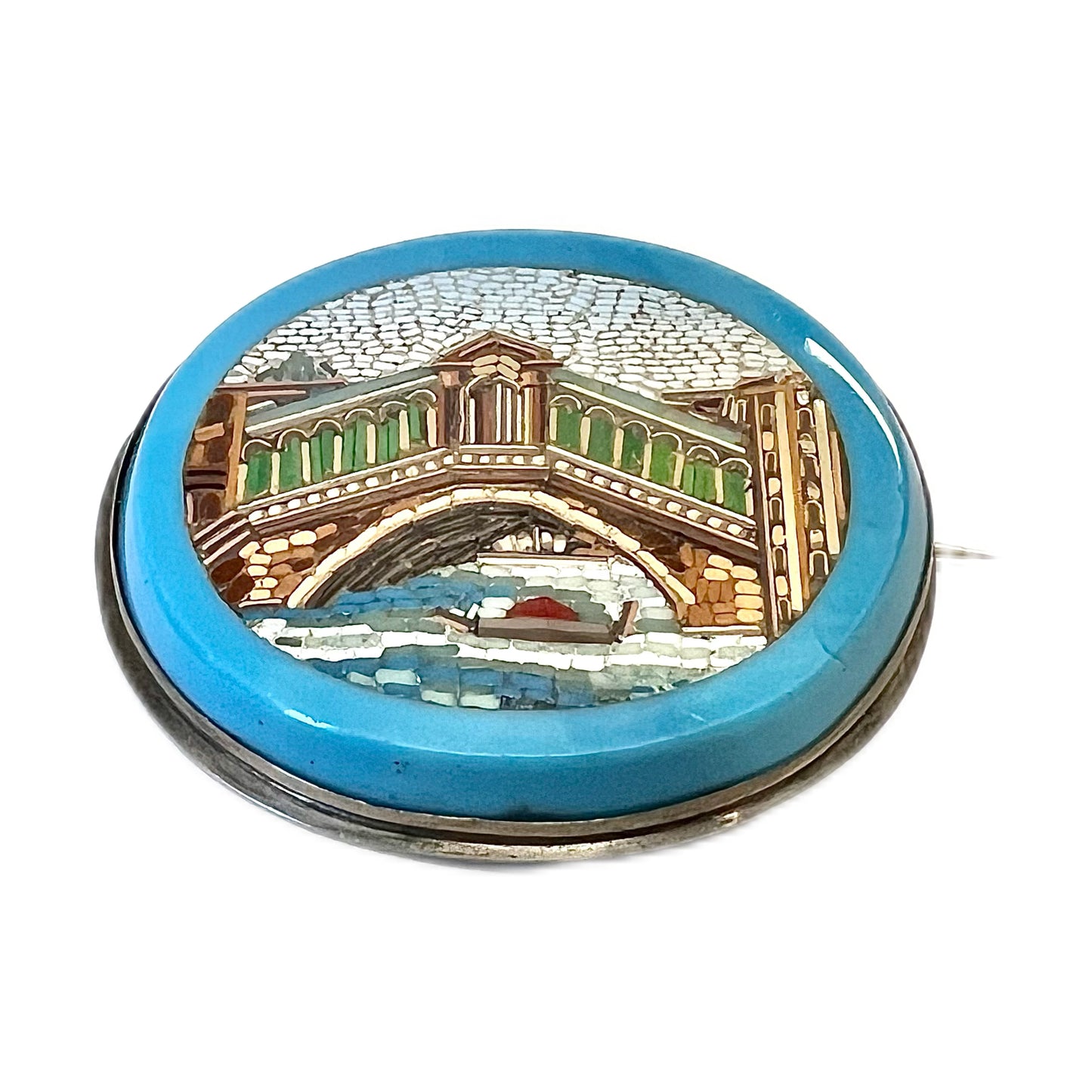 Antique Victorian Grand Tour micromosaic Rialto Bridge brooch with unmarked silver mount