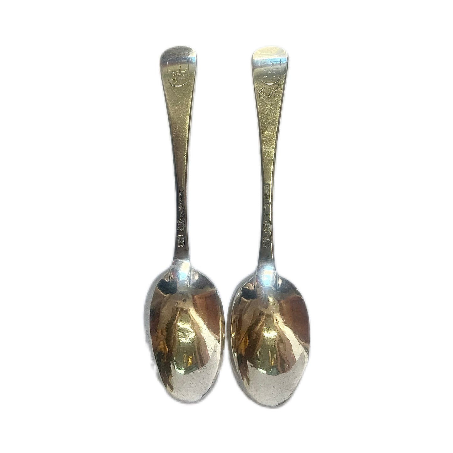 Pair of antique George II crested sterling silver tablespoons