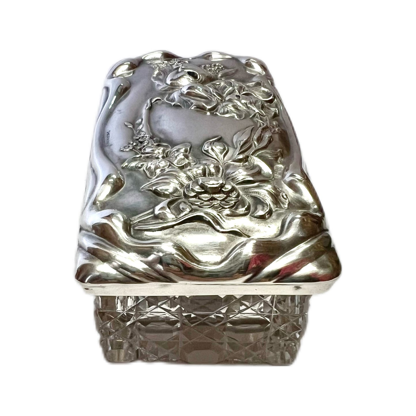 Antique George V sterling silver and cut glass trinket box