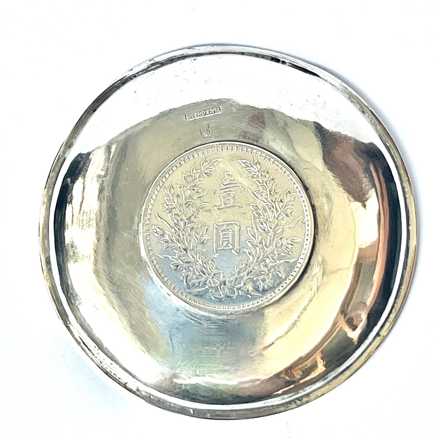 Antique Republic period 1 Yuan coin circa 1914 in period Chinese export silver setting by Tuck Chang, Shanghai