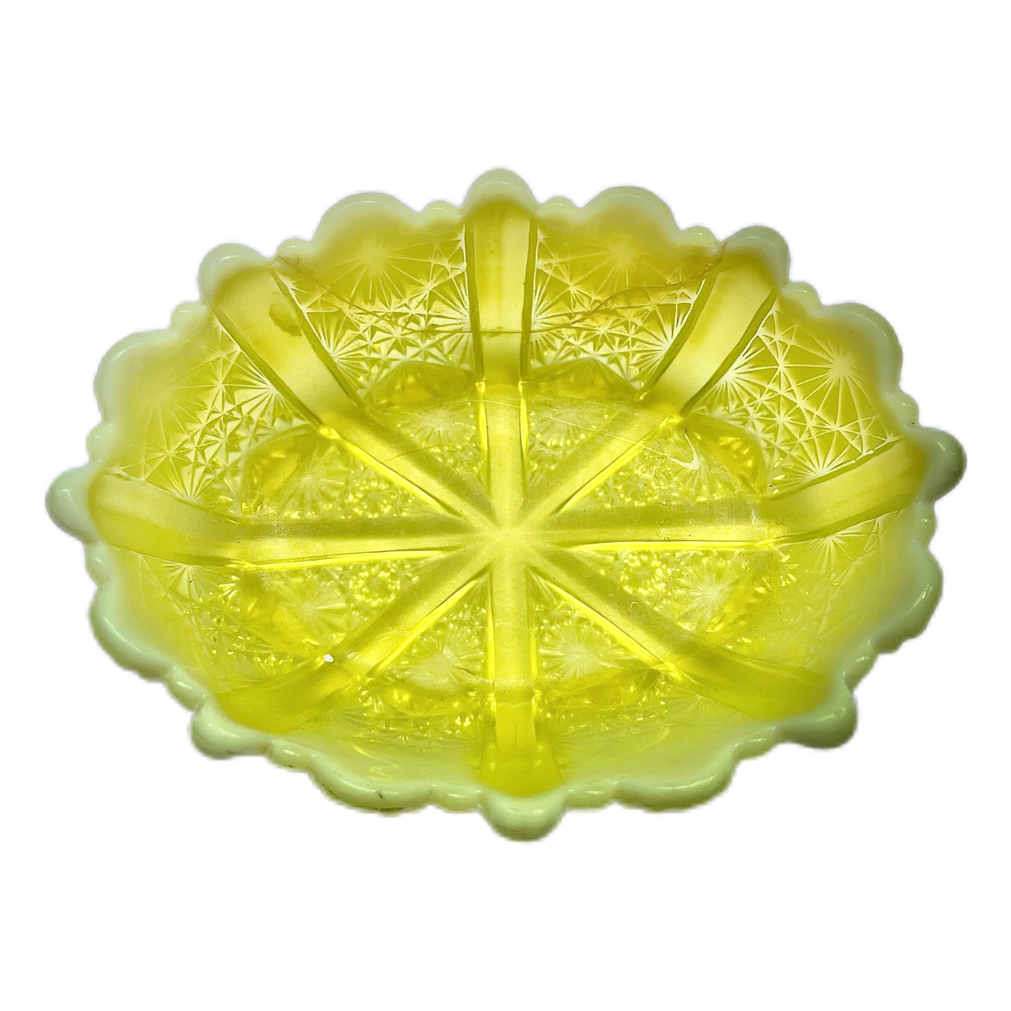 Absolutely stunning late Victorian uranium yellow vaseline glass dish circa 1890s to 1900s