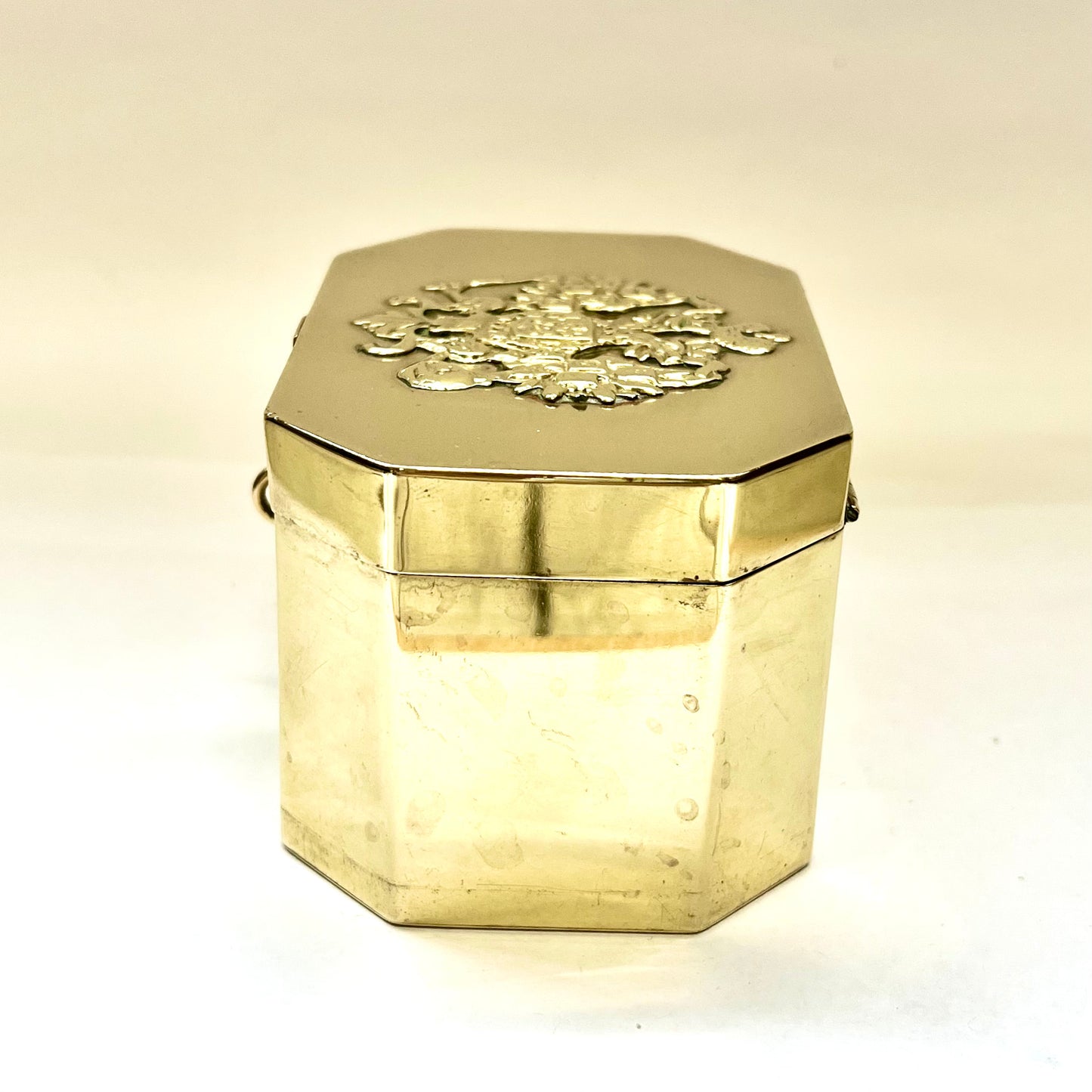 Vintage Russian brass tea caddy, tin-lined interior, Morozov eagle motif