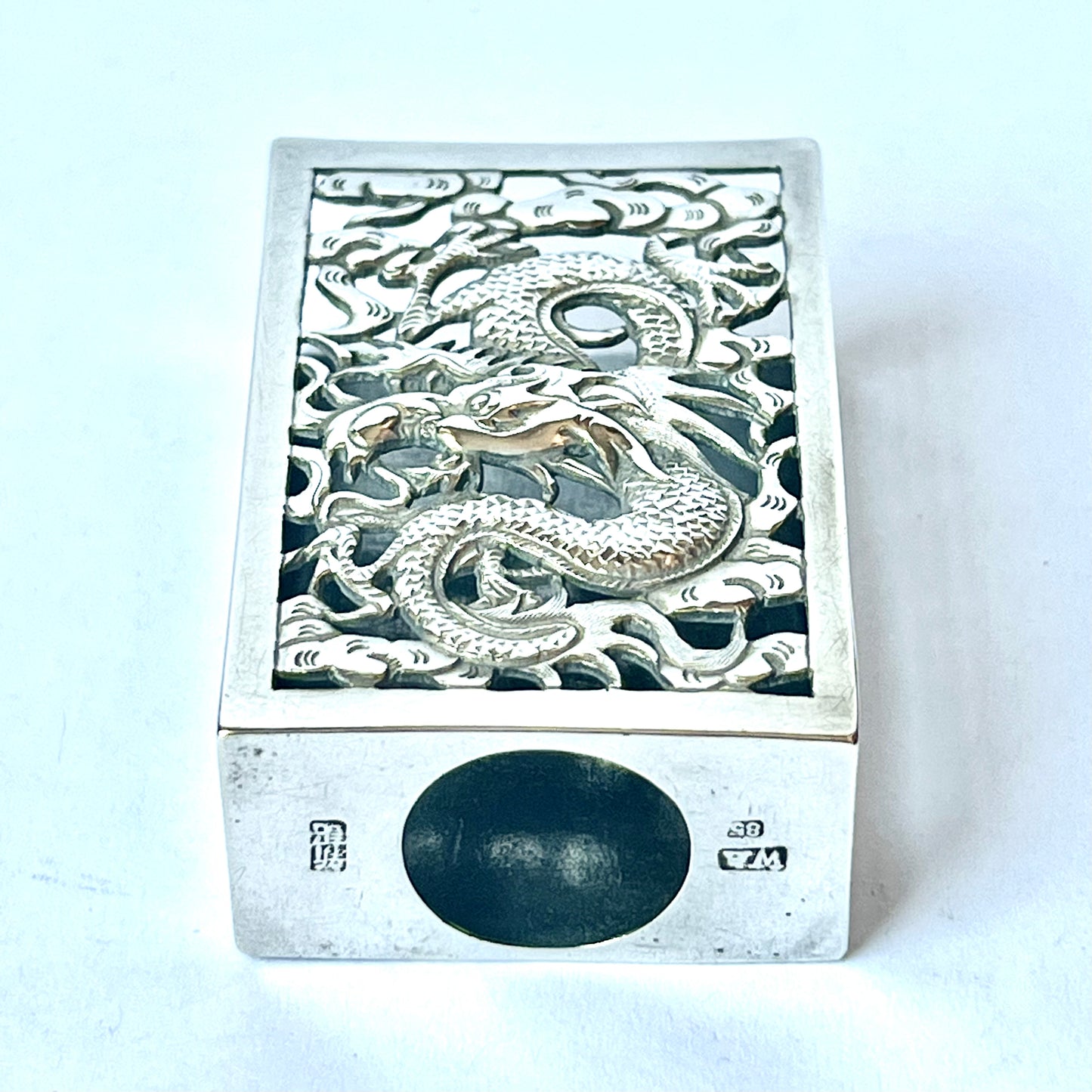 Antique Chinese export silver matchbox with dragon motif, circa 1890 to 1900s, marks for W.A., Canton