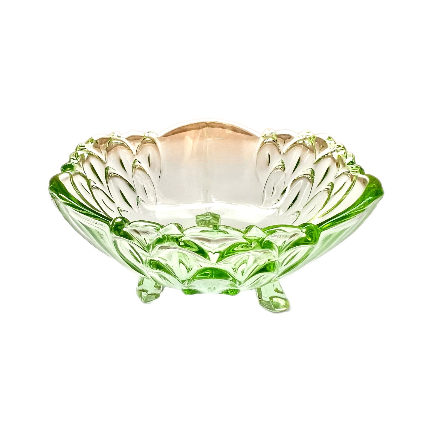 Art Deco uranium glass three-footed bowl circa 1930s to 1940s