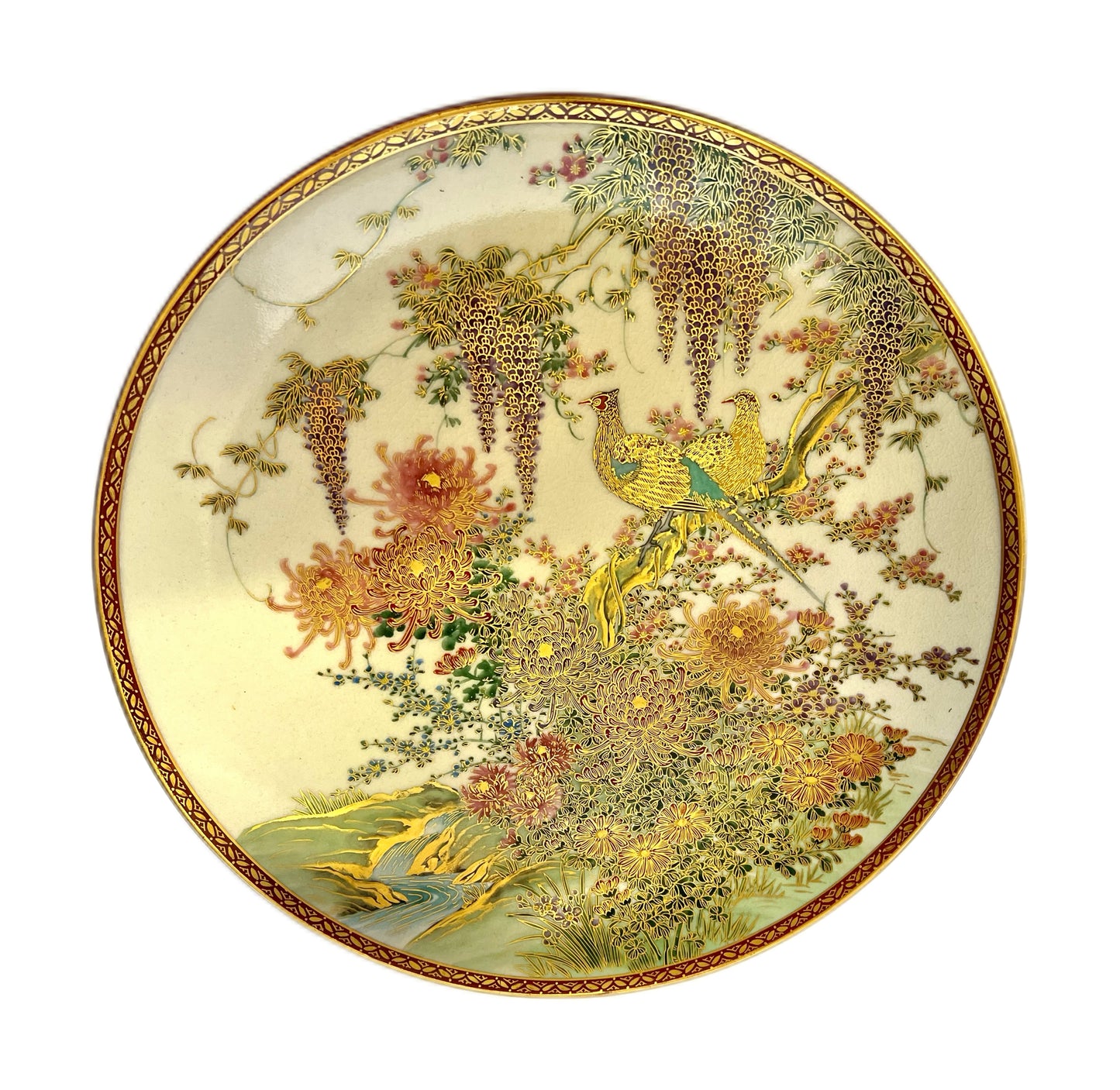 Vintage near antique Satsuma pheasant and wisteria plate, Soko of Kobe