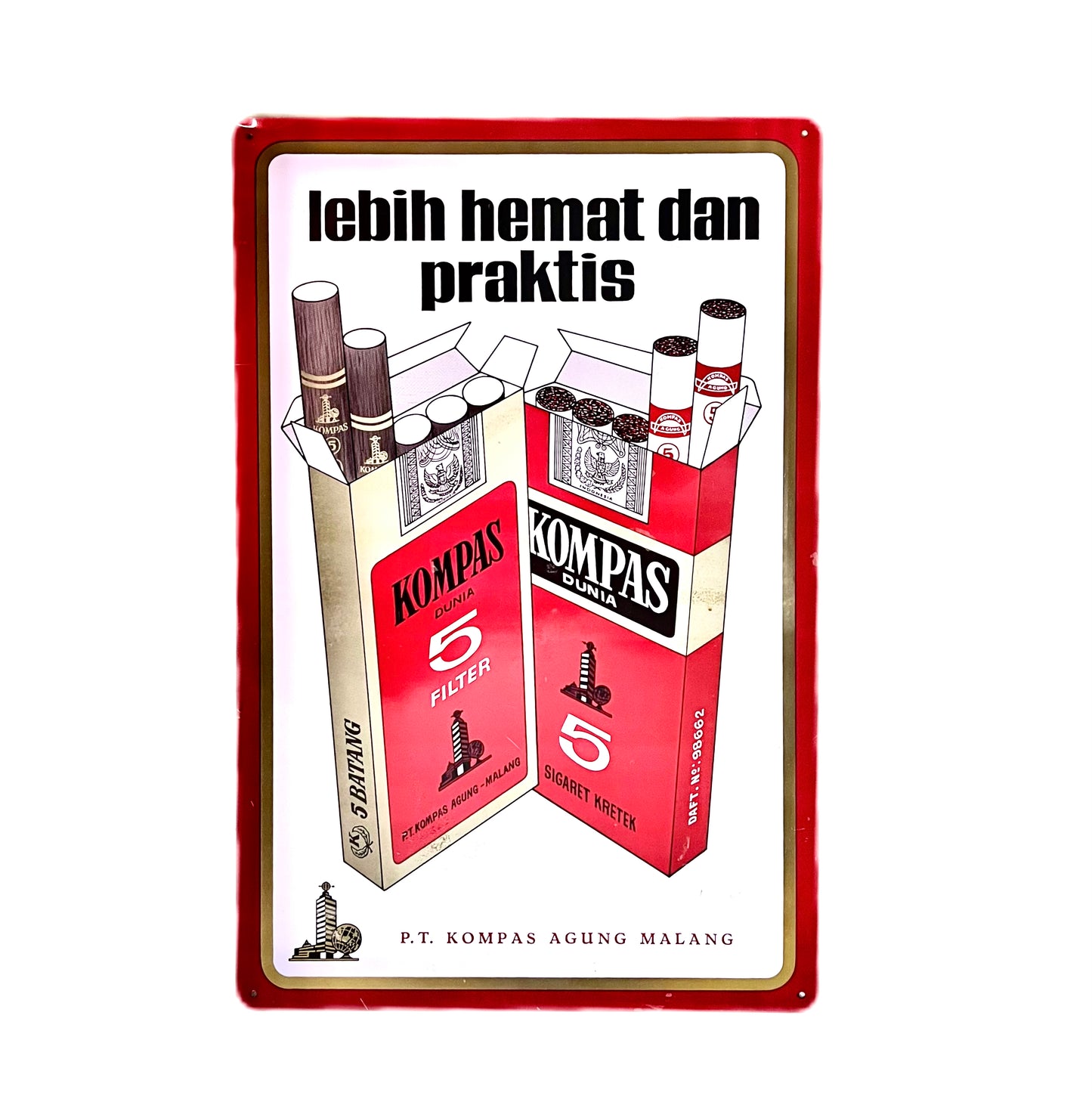 Mid to late 1970s Indonesian Kompas tobacco advertising sign printed tin poster