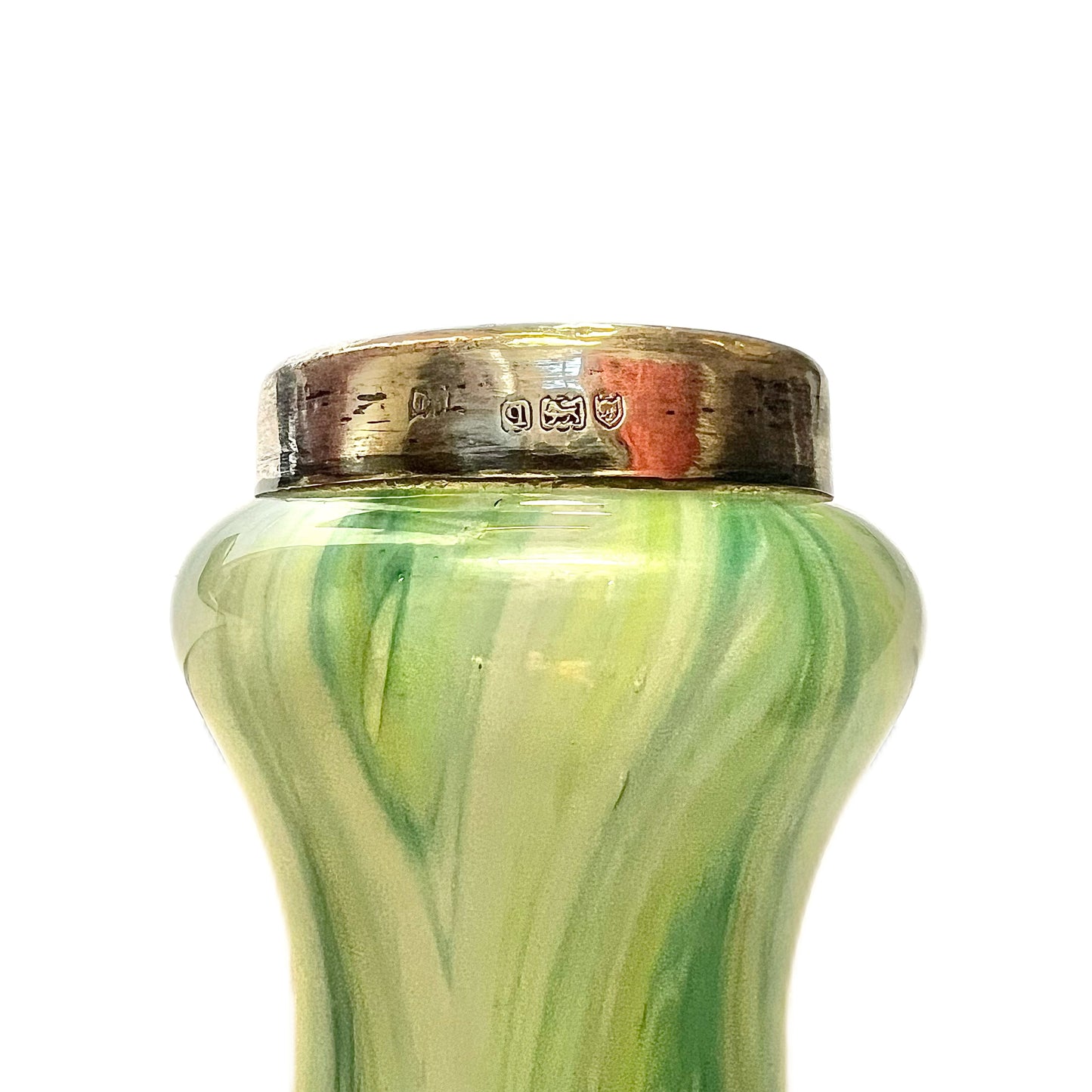 Antique George V favrile glass posy vase with sterling silver mount