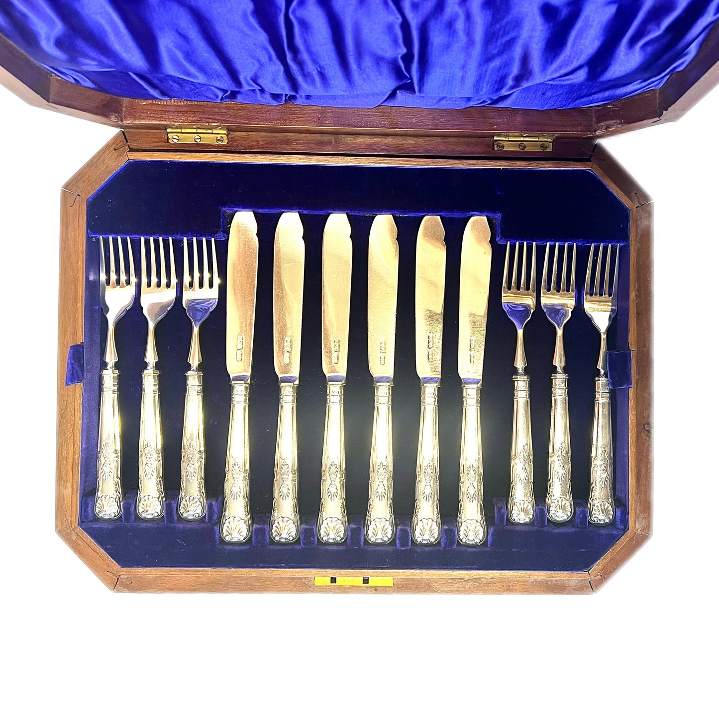 Antique Edwardian 24 piece cased set of Kings Pattern sterling silver fish servers, James Dixon & Sons