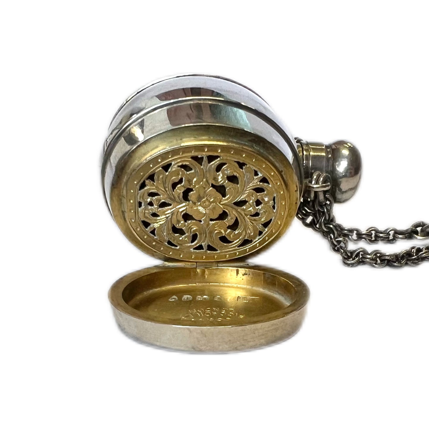 Victorian Leuchars & Sons sterling silver combination barrel -form scent bottle, pill box & vinaigrette by Jane Brownett
