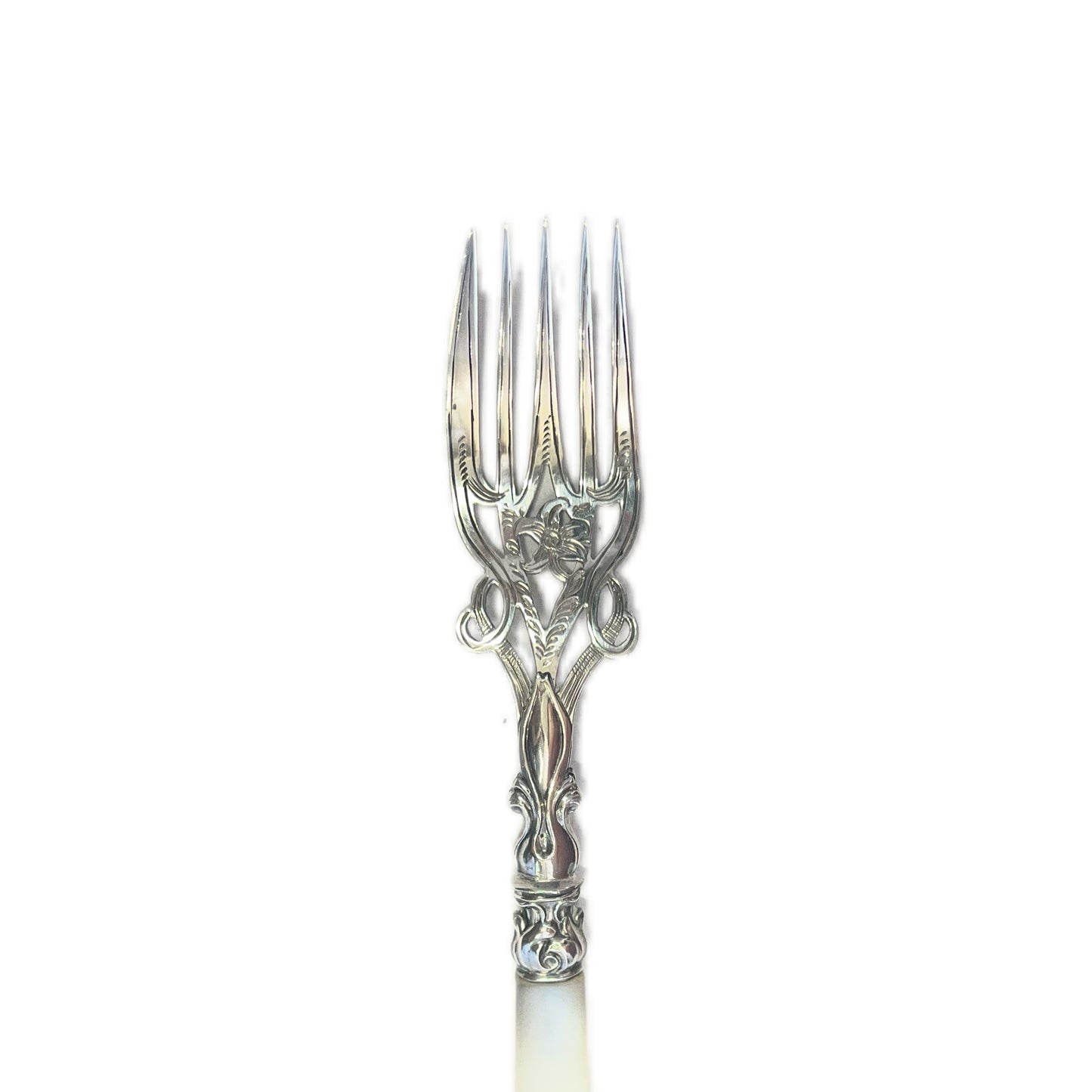 High Victorian sterling silver and mother of pearl pickle fork