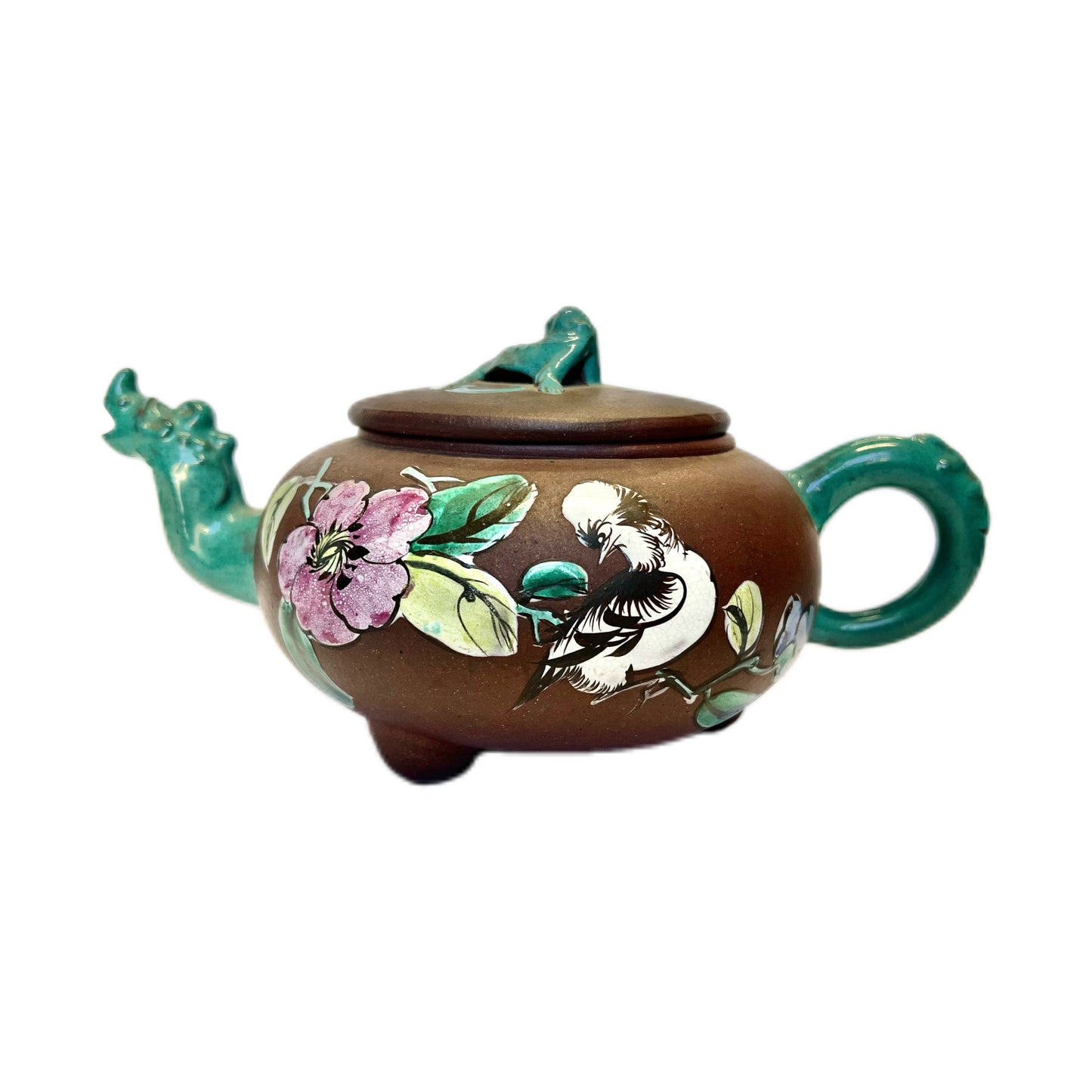 Antique Chinese Yixing Zisha clay teapot, celadon glazed dragon spout