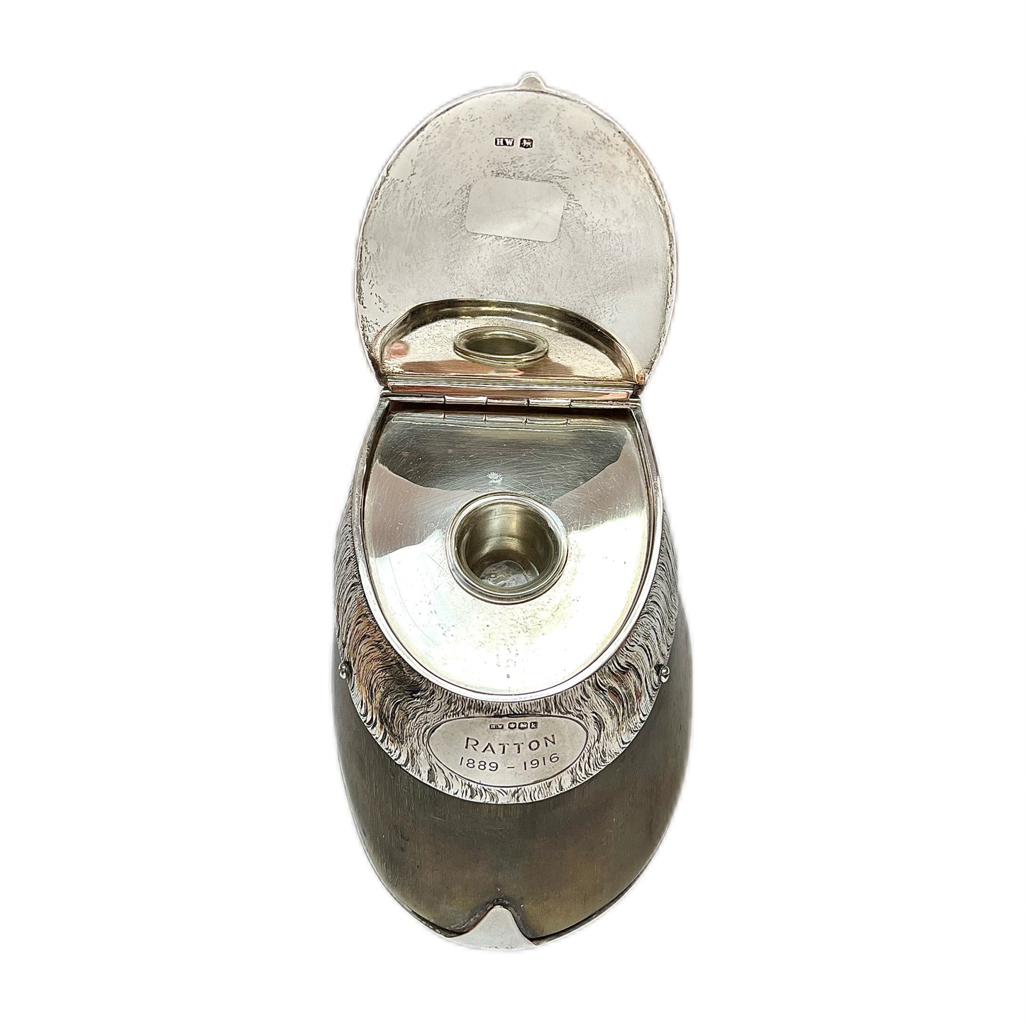 Antique rare sterling silver racehorse hoof "Ratton" inkwell with original glass liner, Sheffield, 1927, Henry Wigfull