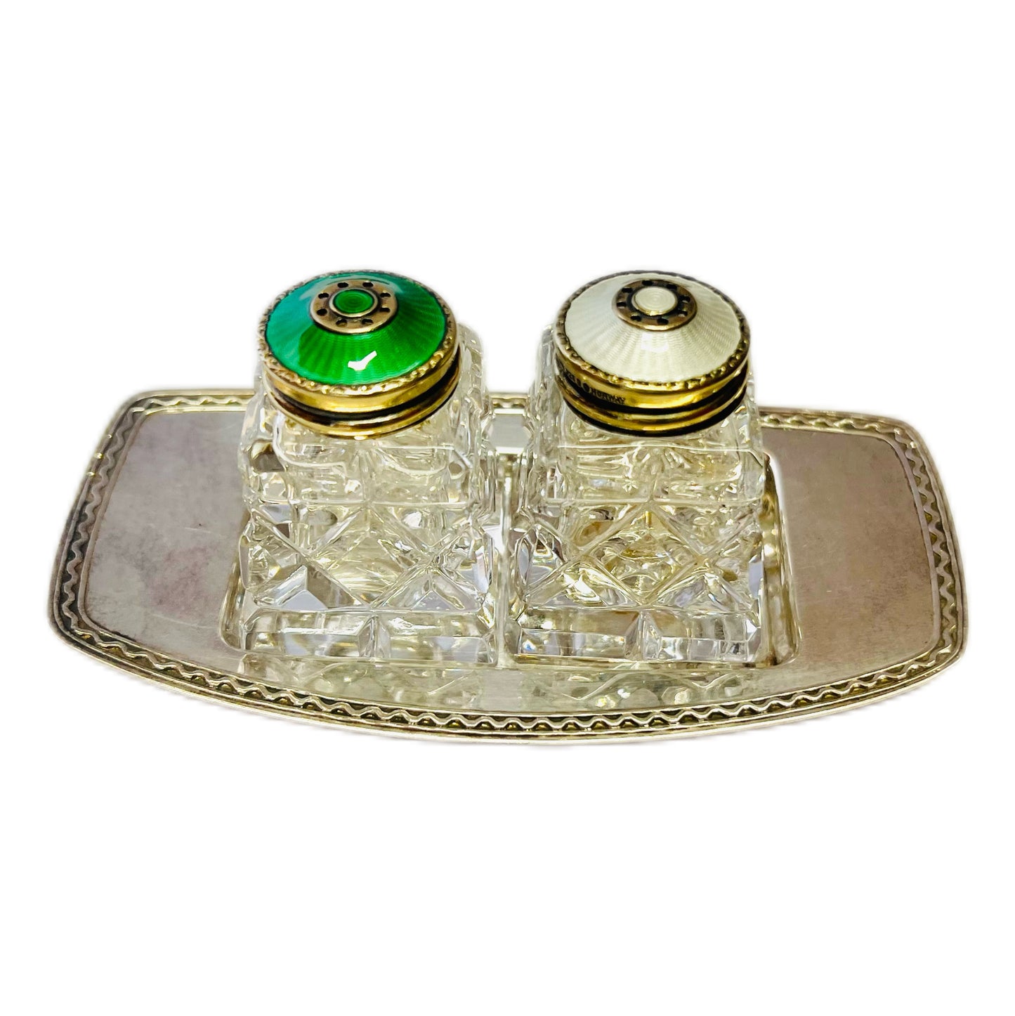 David Andersen enamel and silver silver salt and pepper shakers with silver-plated tray