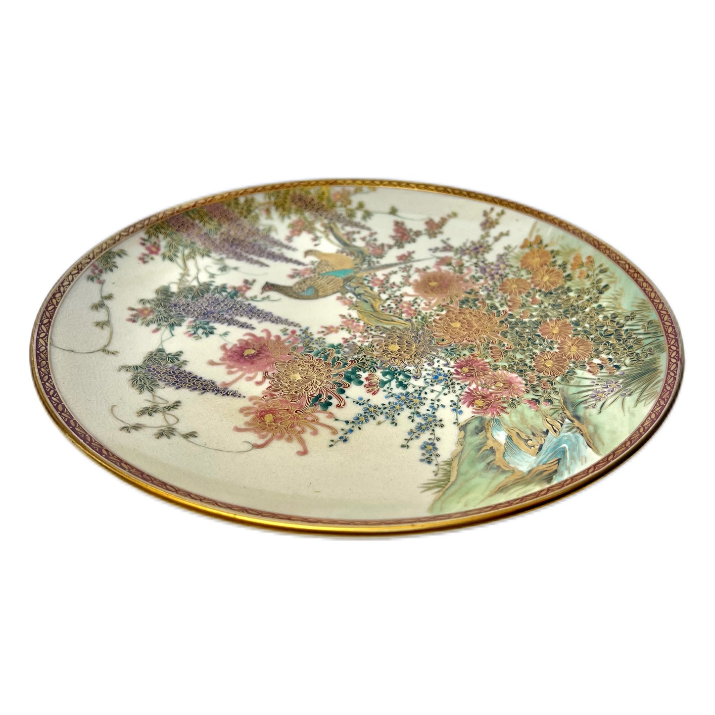 Vintage near antique Satsuma pheasant and wisteria plate, Soko of Kobe
