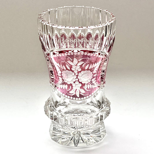 Vintage Bohemian lead crystal and etched ruby flash vase circa first half of the 20th century