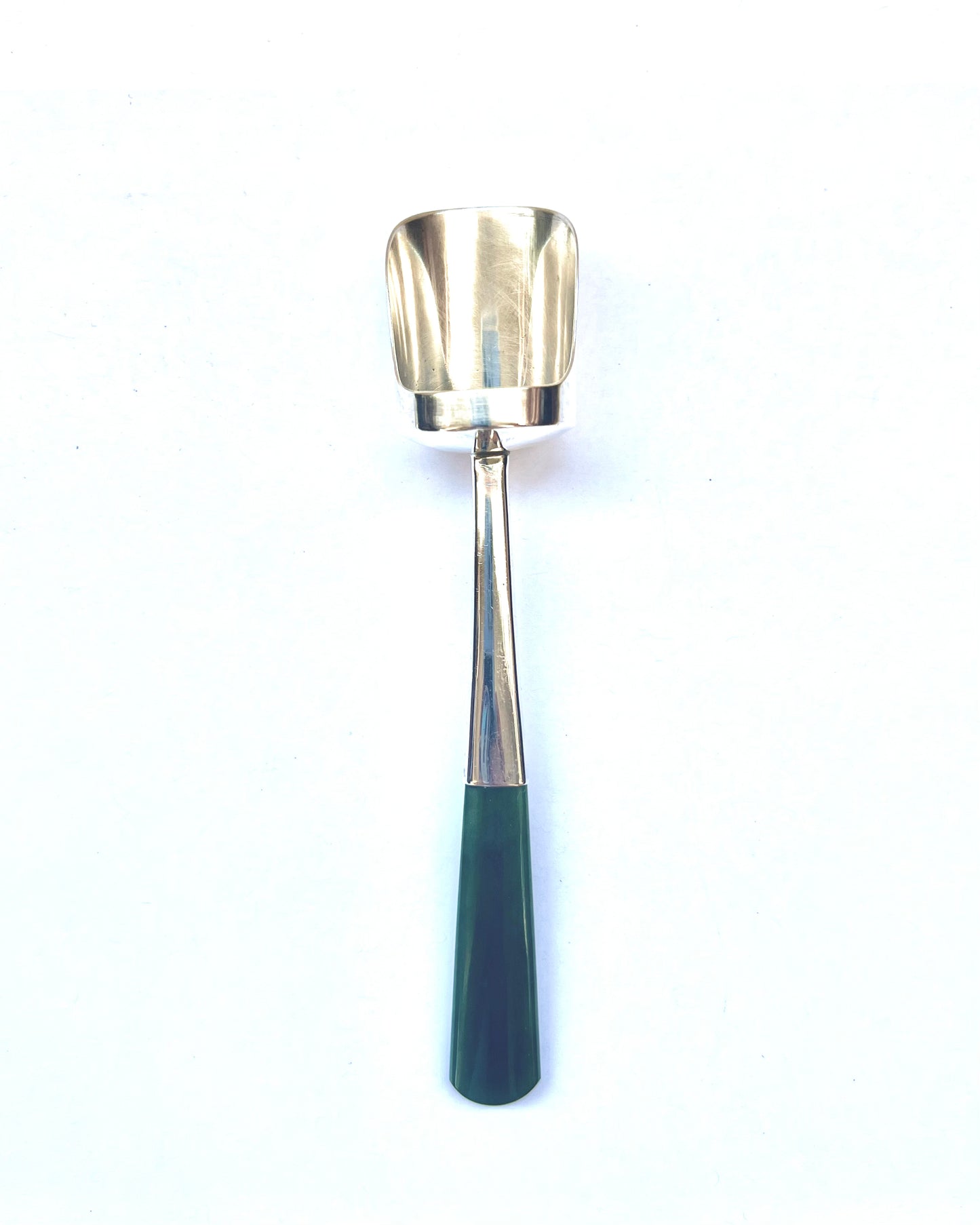 Antique New Zealand sterling silver and nephrite jade sugar scoop. Joseph Swindell & Son, Christchurch