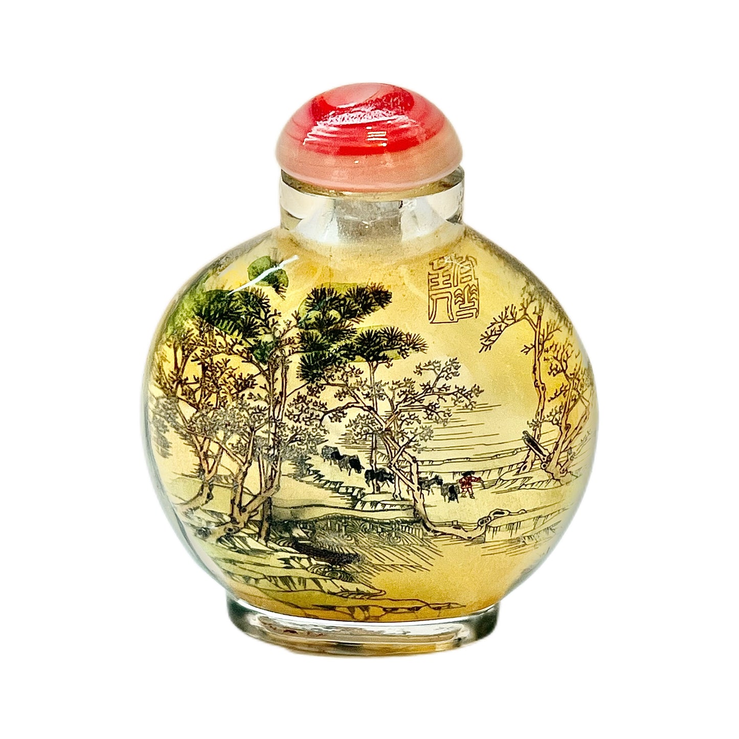 Beautiful late 20th century Chinese reverse-painted snuff bottle, Along the River During the Qingming Festival (Qingming Shanghe Tu)