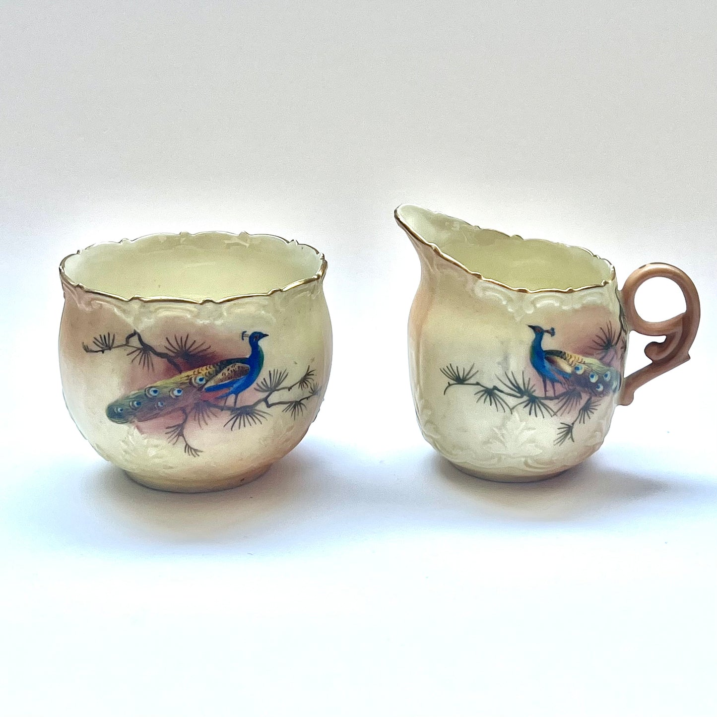 Antique Edwardian period porcelain Peacock sugar bowl and creamer by Locke and Co., Shrub Hill Works, Worcester, England