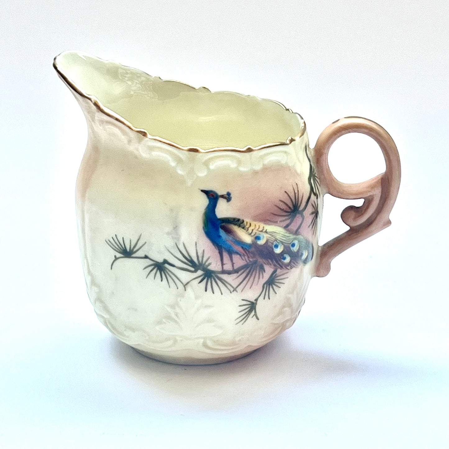 Antique Edwardian period porcelain Peacock sugar bowl and creamer by Locke and Co., Shrub Hill Works, Worcester, England