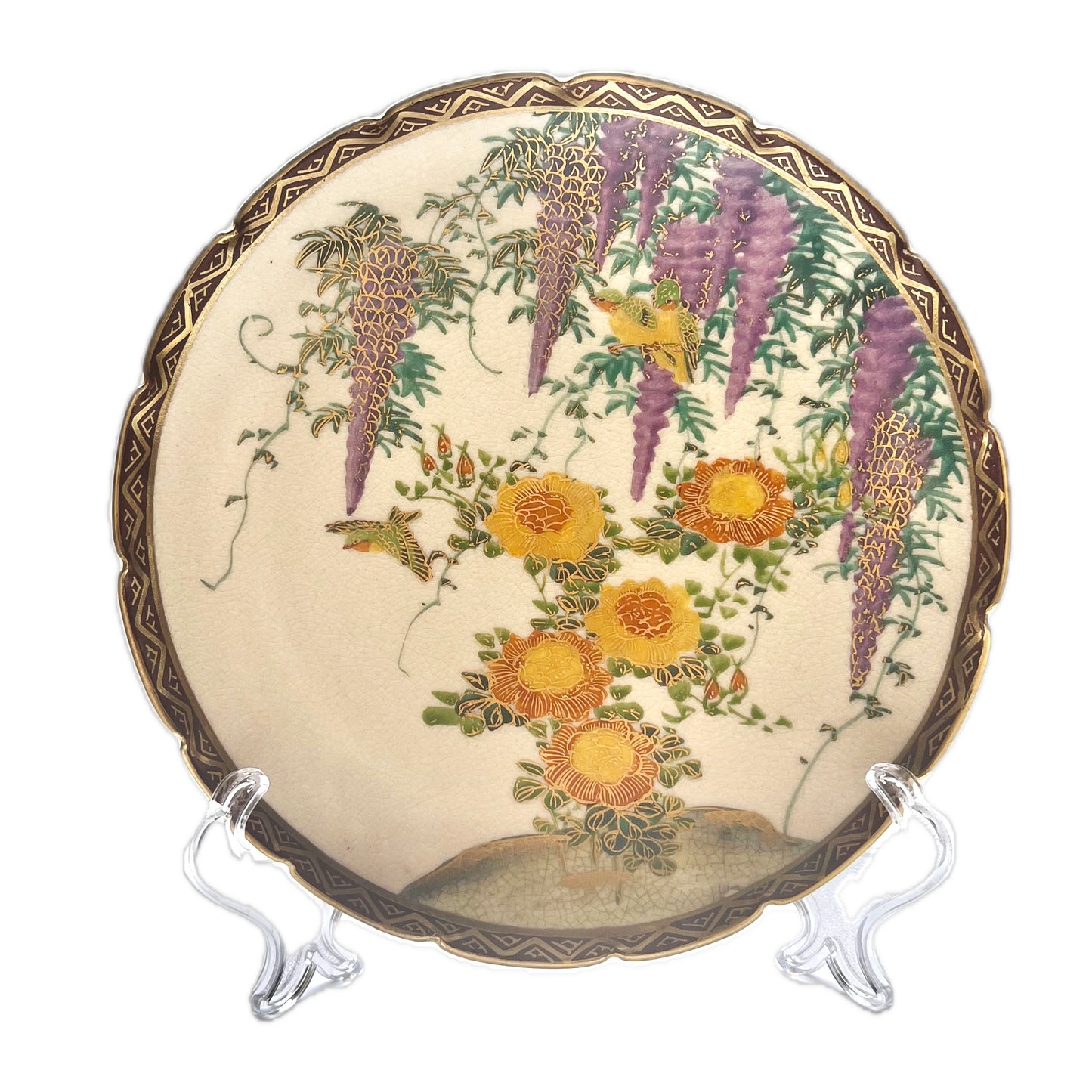 Early 20th century Satsuma Wisteria Flower plate by noted maker Koshida 越田, Taisho Period