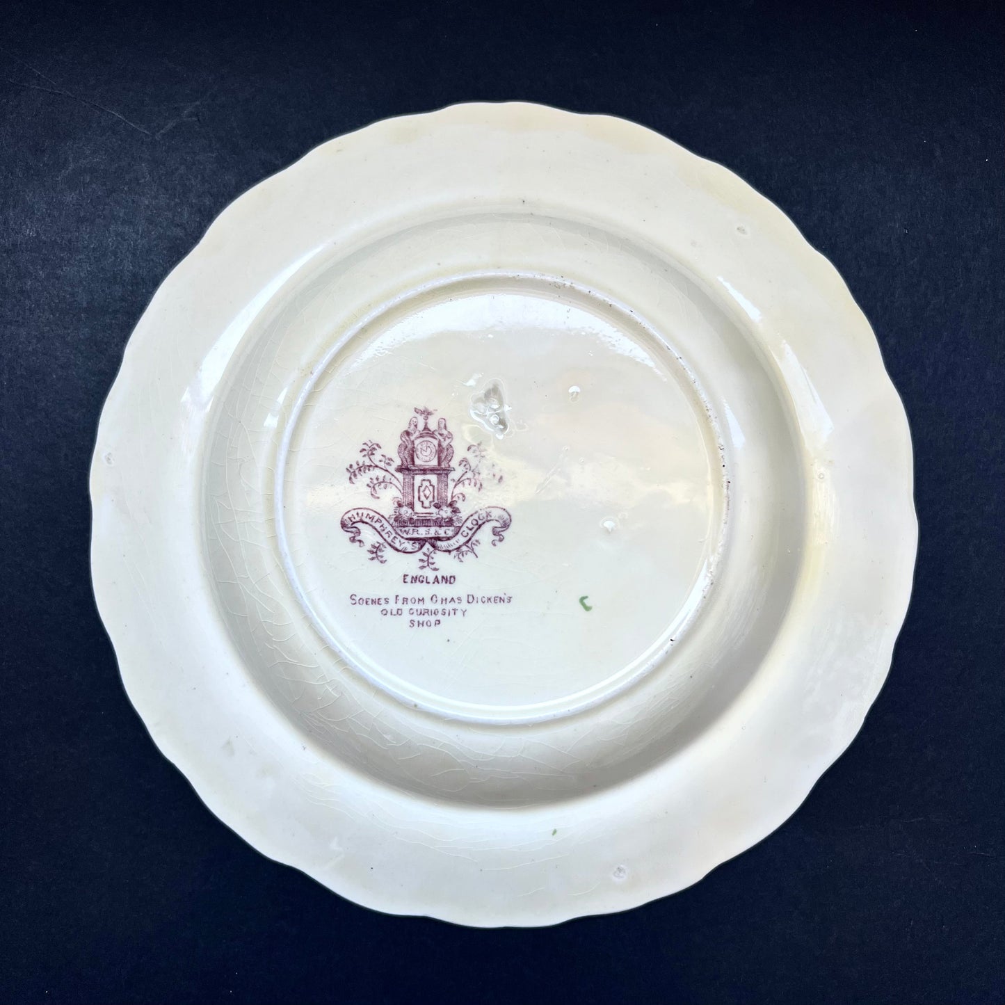 Late 19th century W&R Co. Roses purple polychrome transfer plate manufactured by Ridgway, featuring Charles Dickens Old Curiosity Shop