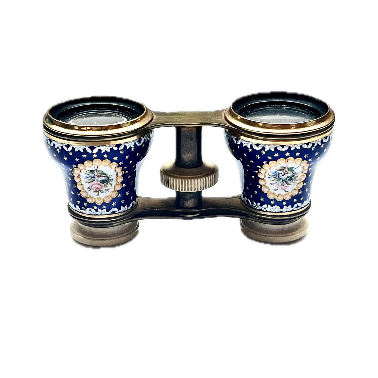 A beautiful 19th century pair of French opera glasses, enamelled florals and brass in original case