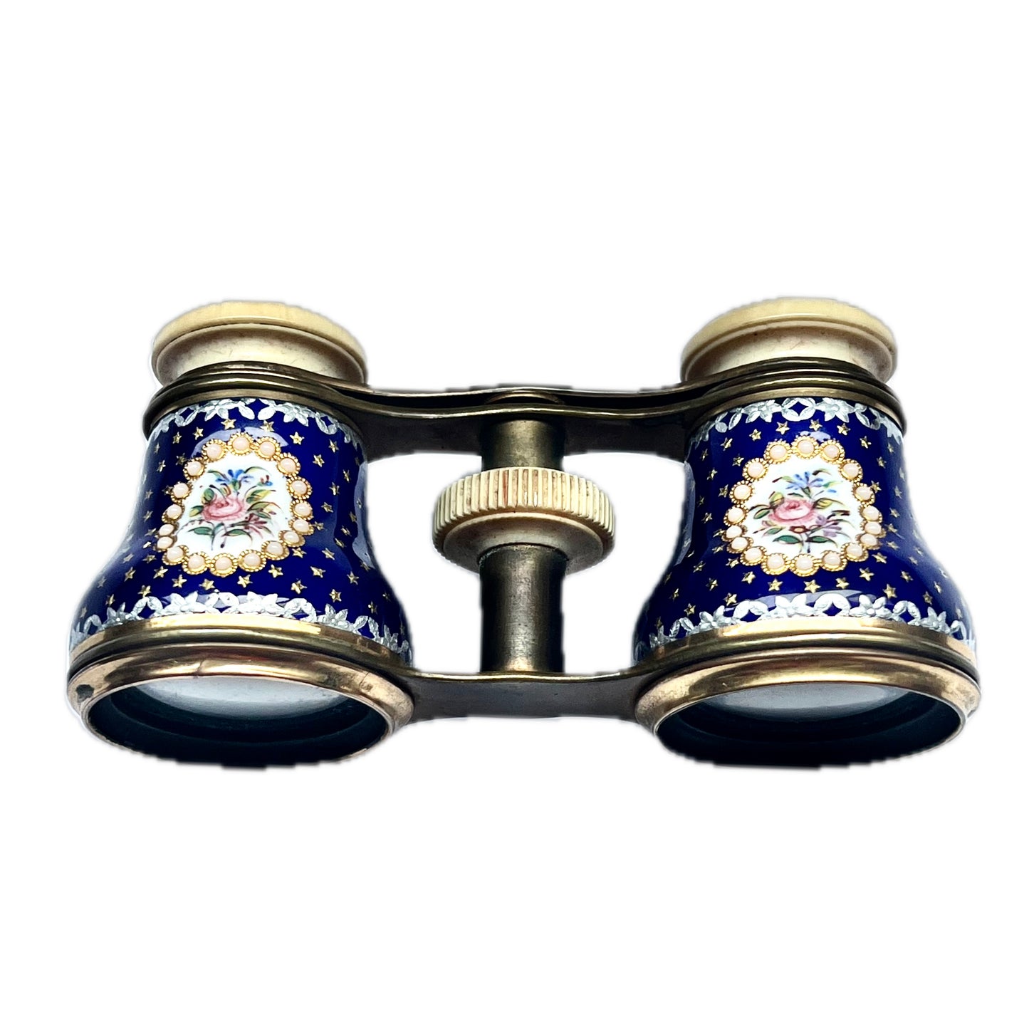A beautiful 19th century pair of French opera glasses, enamelled florals and brass in original case