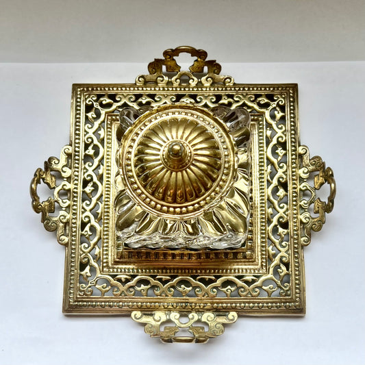 Victorian late 19th century brass and cut glass inkwell and pen tray, circa 1880s to 1890s