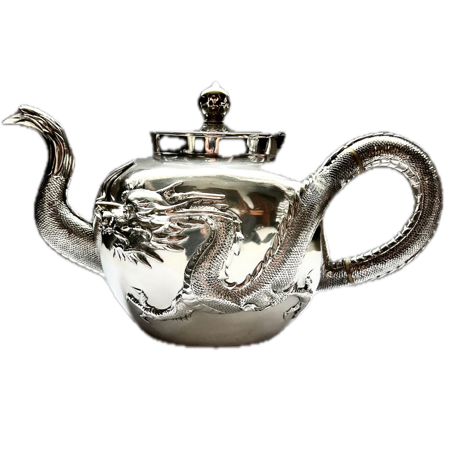 Antique Chinese export silver dragon-form handled teapot, made by Kwan Wo circa 1900s to 1910s (Canton/Hong Kong)