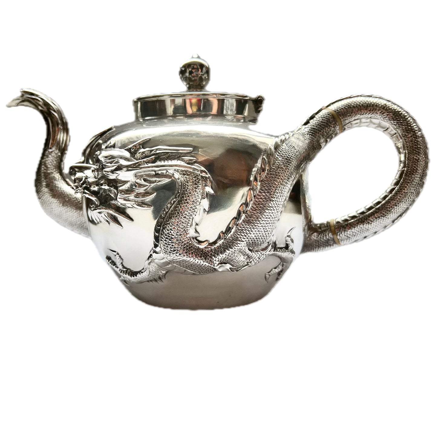 Antique Chinese export silver dragon-form handled teapot, made by Kwan Wo circa 1900s to 1910s (Canton/Hong Kong)