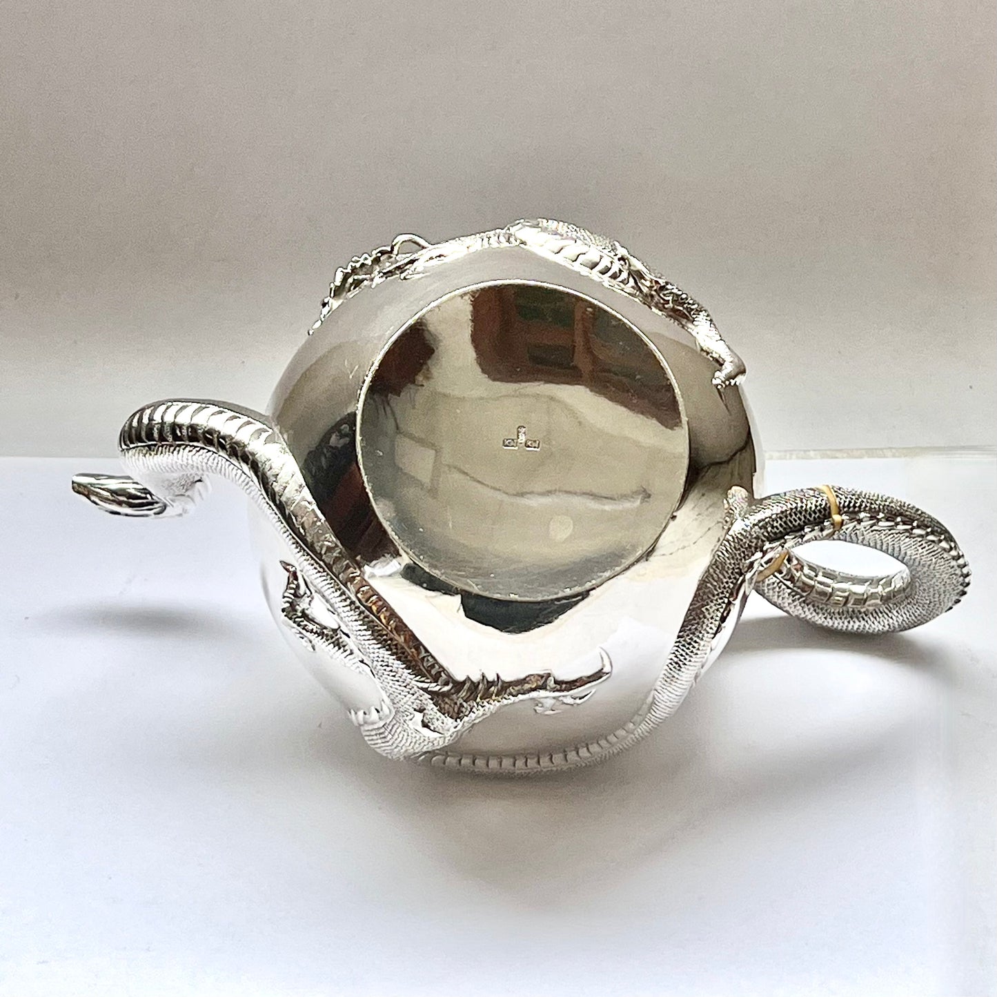 Antique Chinese export silver dragon-form handled teapot, made by Kwan Wo circa 1900s to 1910s (Canton/Hong Kong)