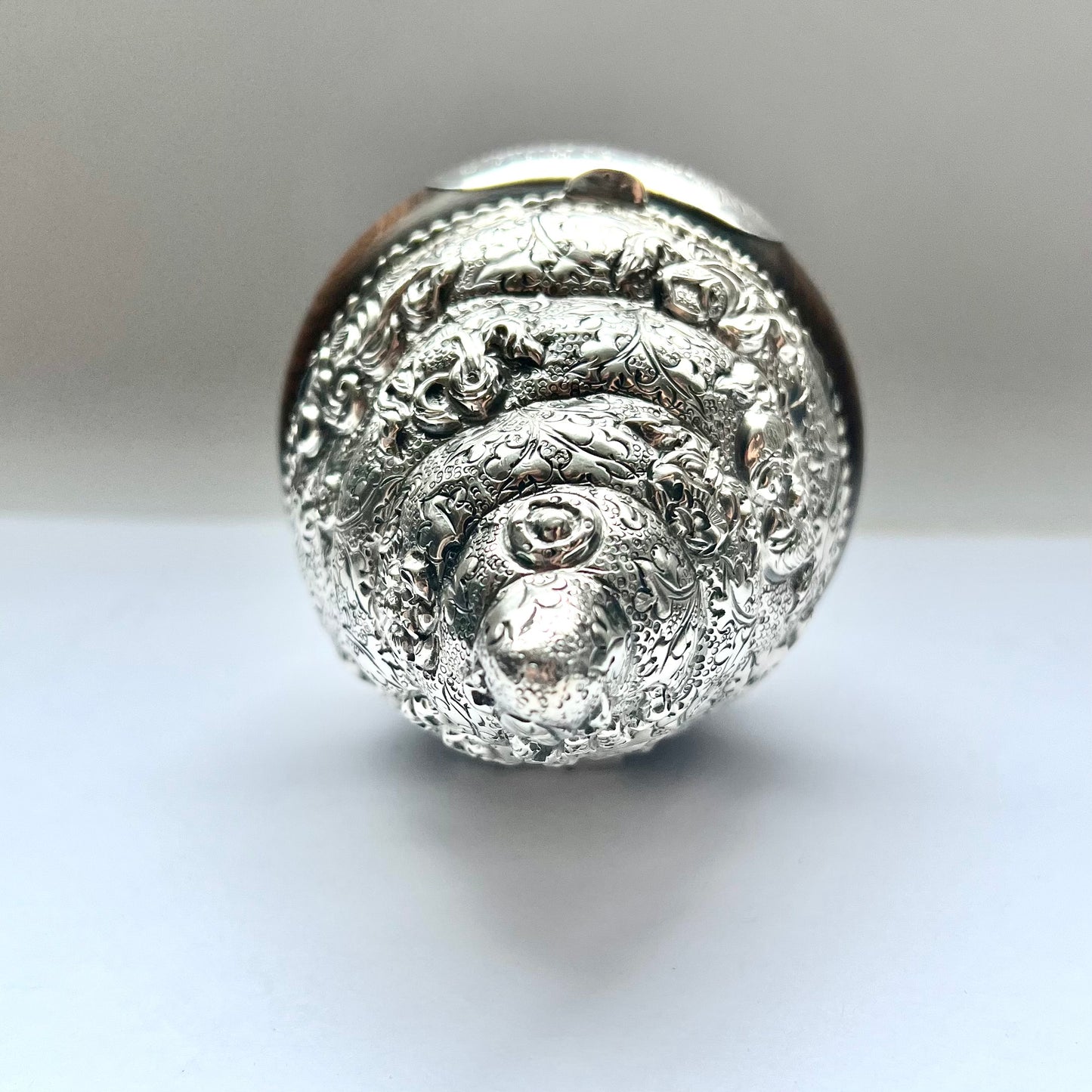 Vintage Indian repousse silver and timber shell-form box circa 1975