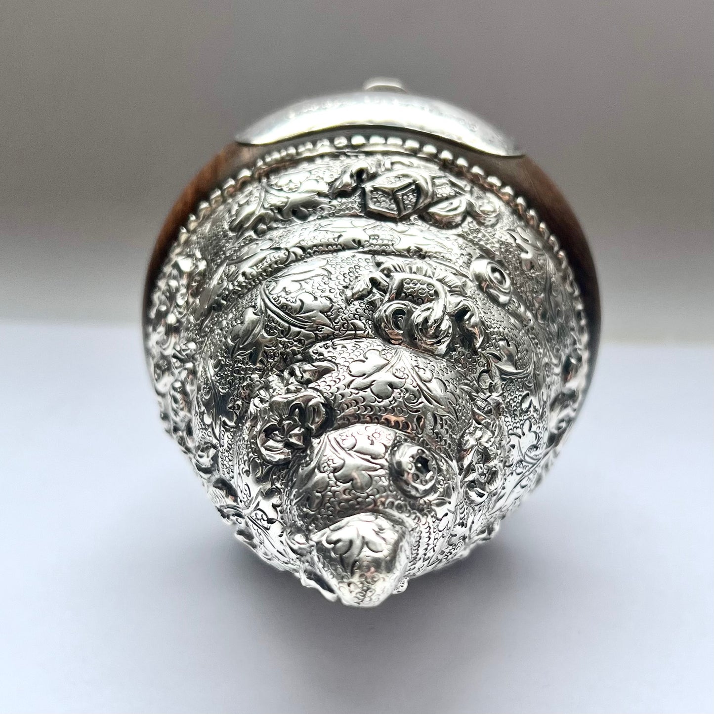 Vintage Indian repousse silver and timber shell-form box circa 1975