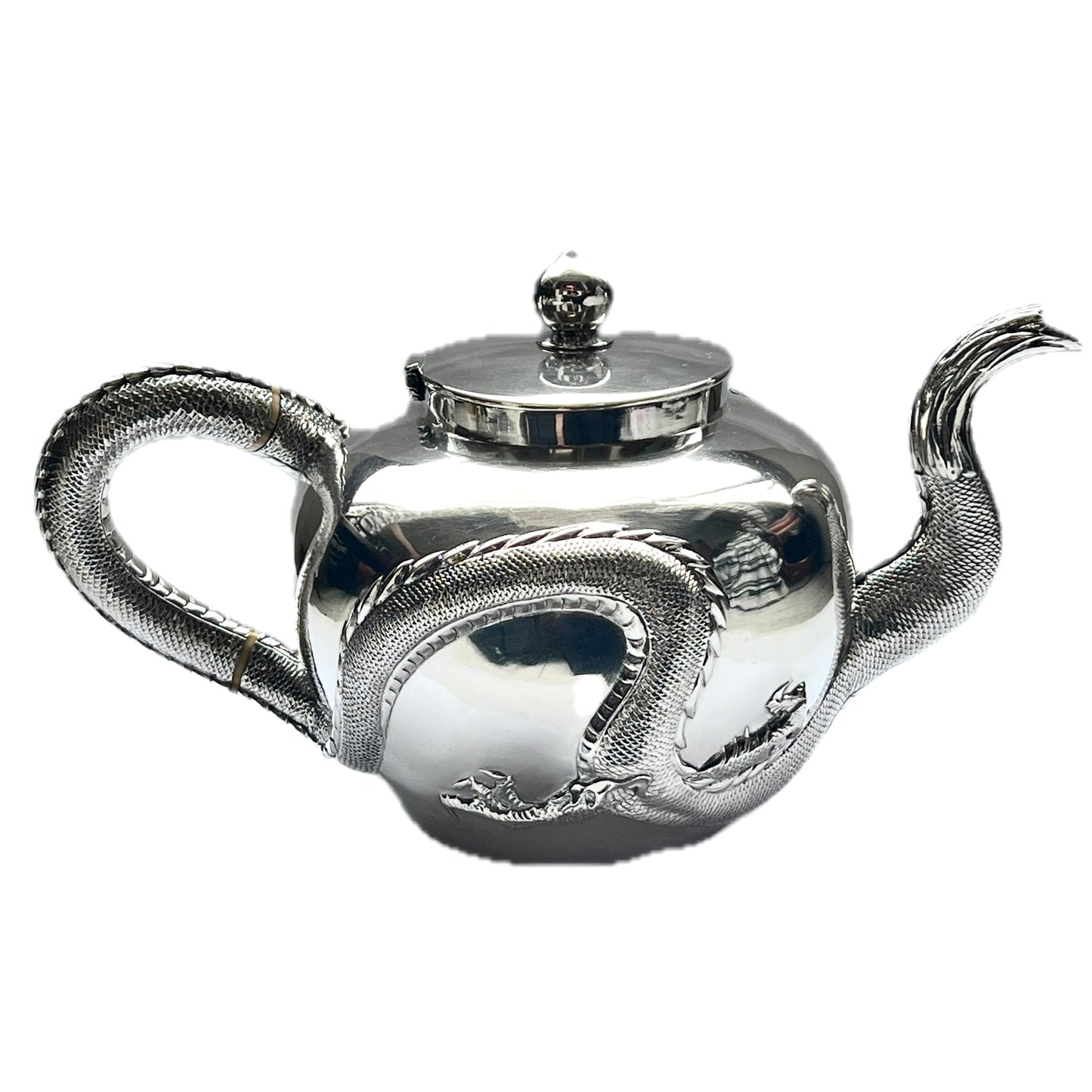 Antique Chinese export silver dragon-form handled teapot, made by Kwan Wo circa 1900s to 1910s (Canton/Hong Kong)